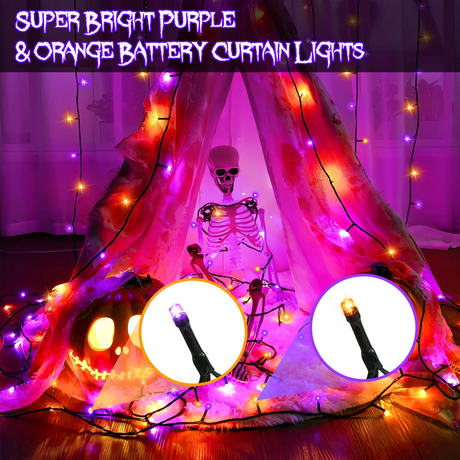 Dealbeta 300 Led Purple Orange Curtain Lights With Remote - Battery Operated, 8 Modes, 9.8Ft×9.