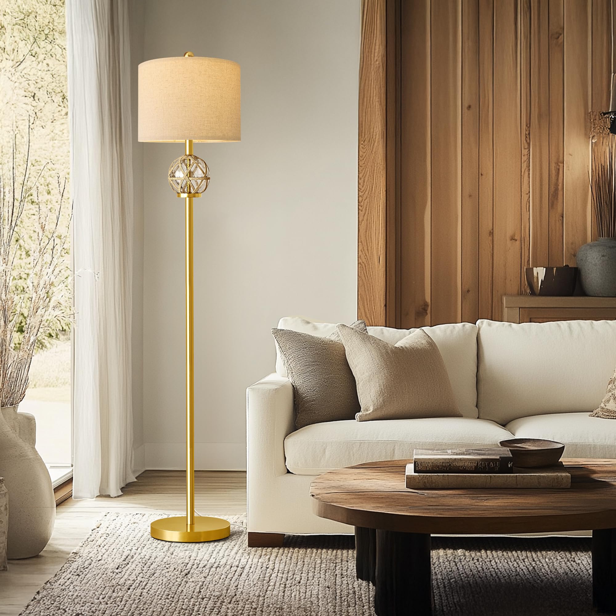 Oneach 61.5Modern Floor Lamp For Living Room, Gold Boho Standing Lamp With Rattan Glass Design, Rotary Switch, Farmhouse Tall La