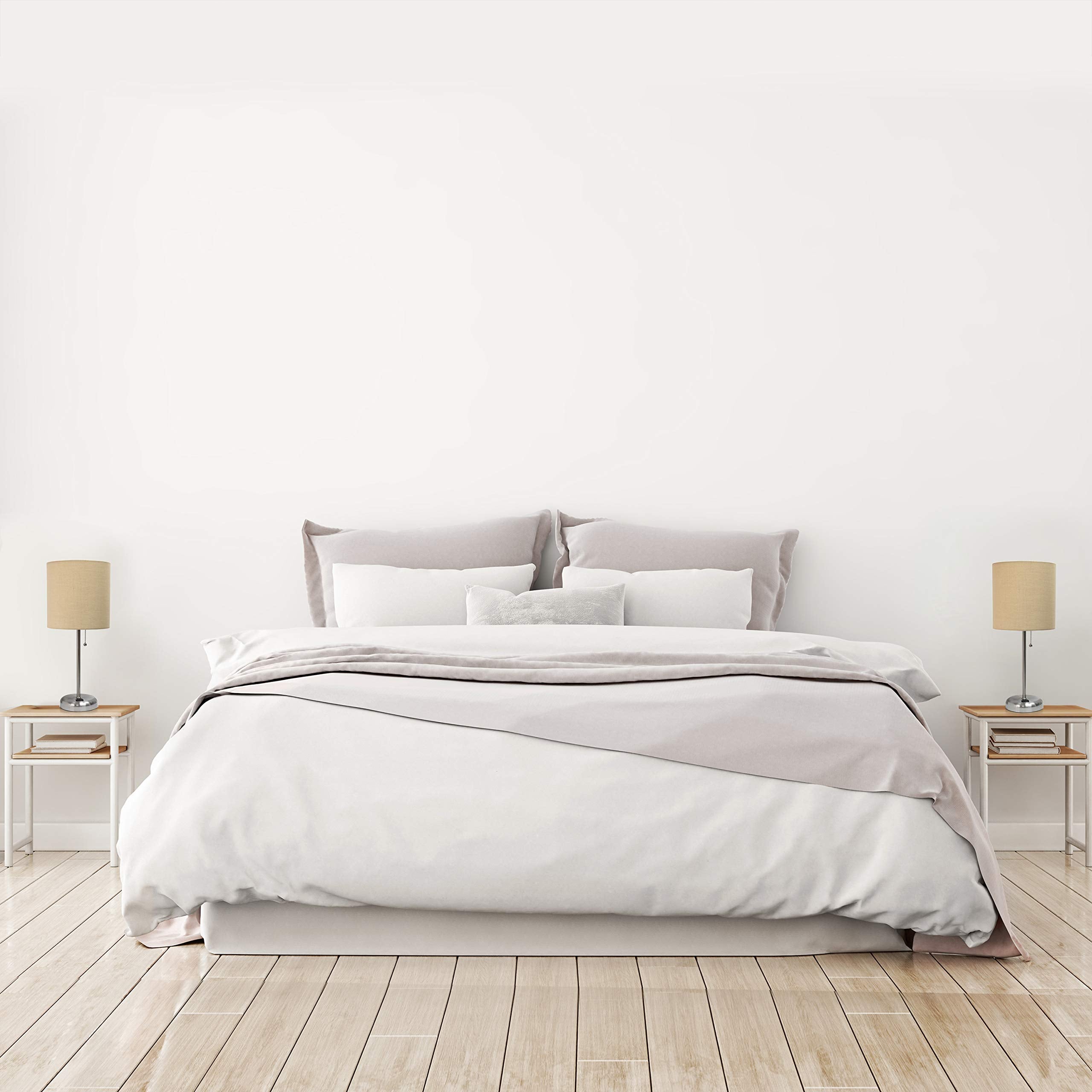 Simple Designs Lc2002-Tan-2Pk Brushed Steel Stick Table Lamp Set With Usb Charging Port And Tan Fabric Shades, 2 Pack Set