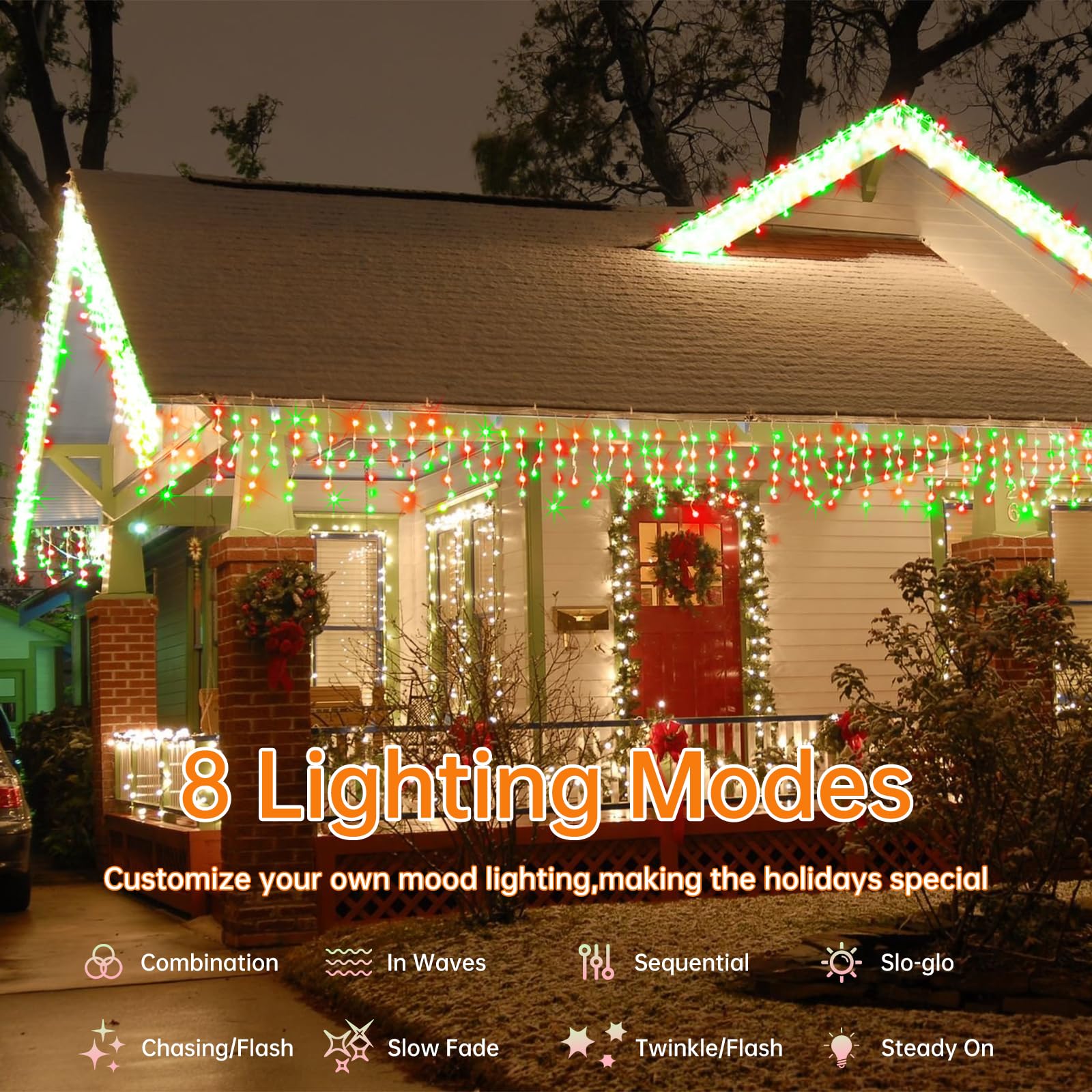 Pgup Christmas Lights Decoration Outdoor 124Ft 1200 Led, Red And Green Ice Lgiths 8 Modes Timer Curtain Fairy Light With 240 Dro