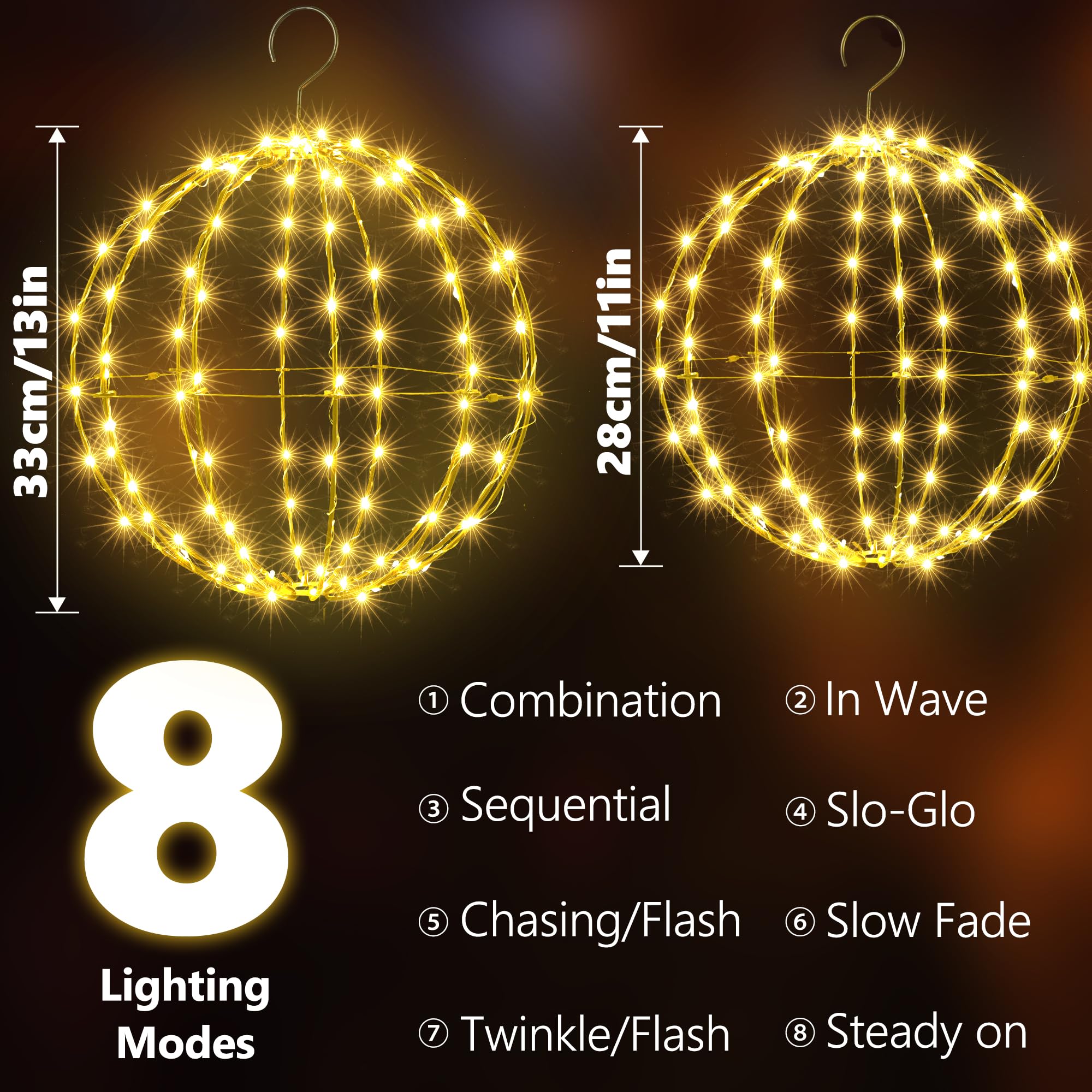 Flacchi Christmas Hanging Ball Lights Set of 2, Warm White, Waterproof, 8 Modes, SSM0120-S-6V, Indoor/Outdoor Fairy Lights