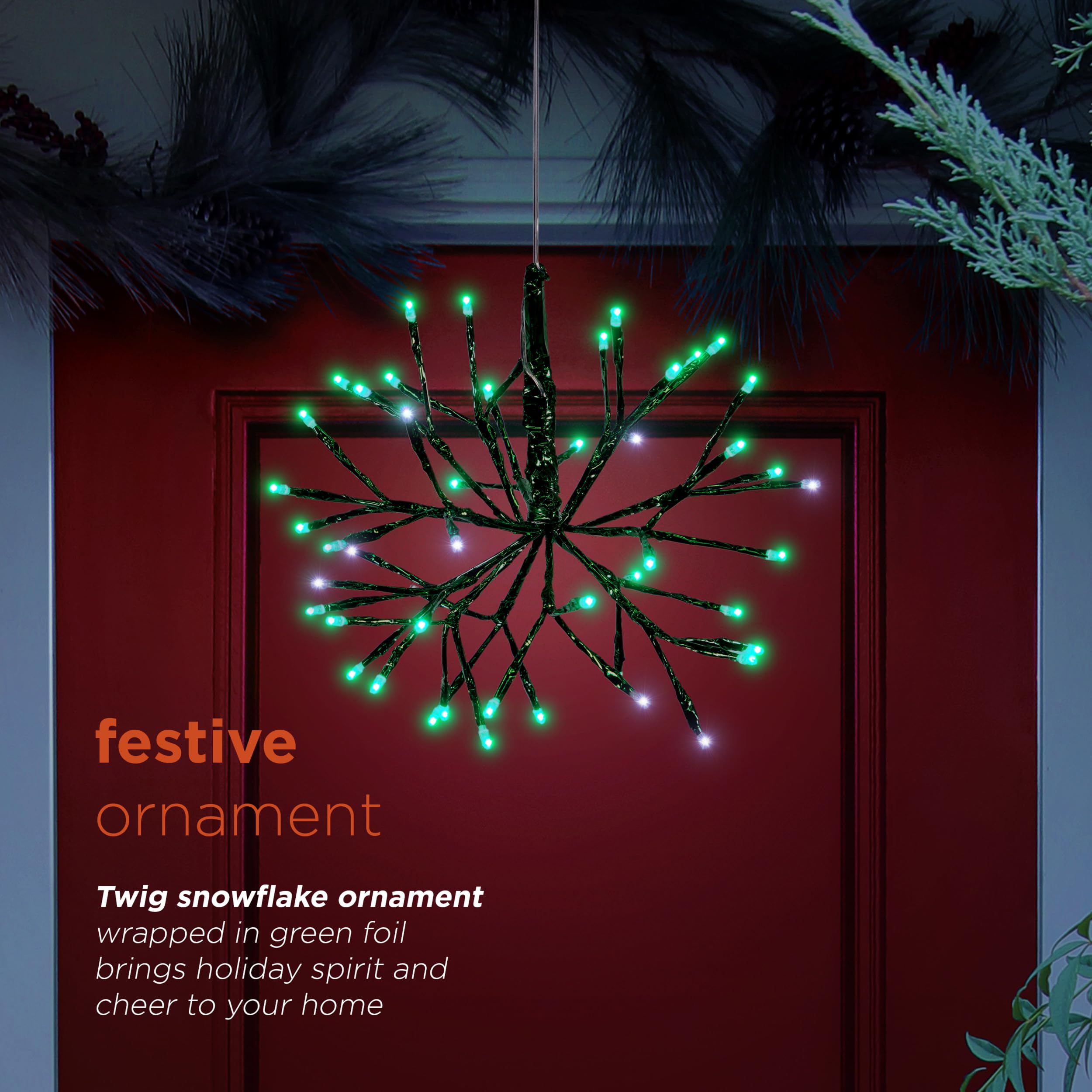 Alpine Corporation Christmas Twig Snowflake Ornament, LED Lights, 10-Inch, Metal, Green, Model CRD100S-GN