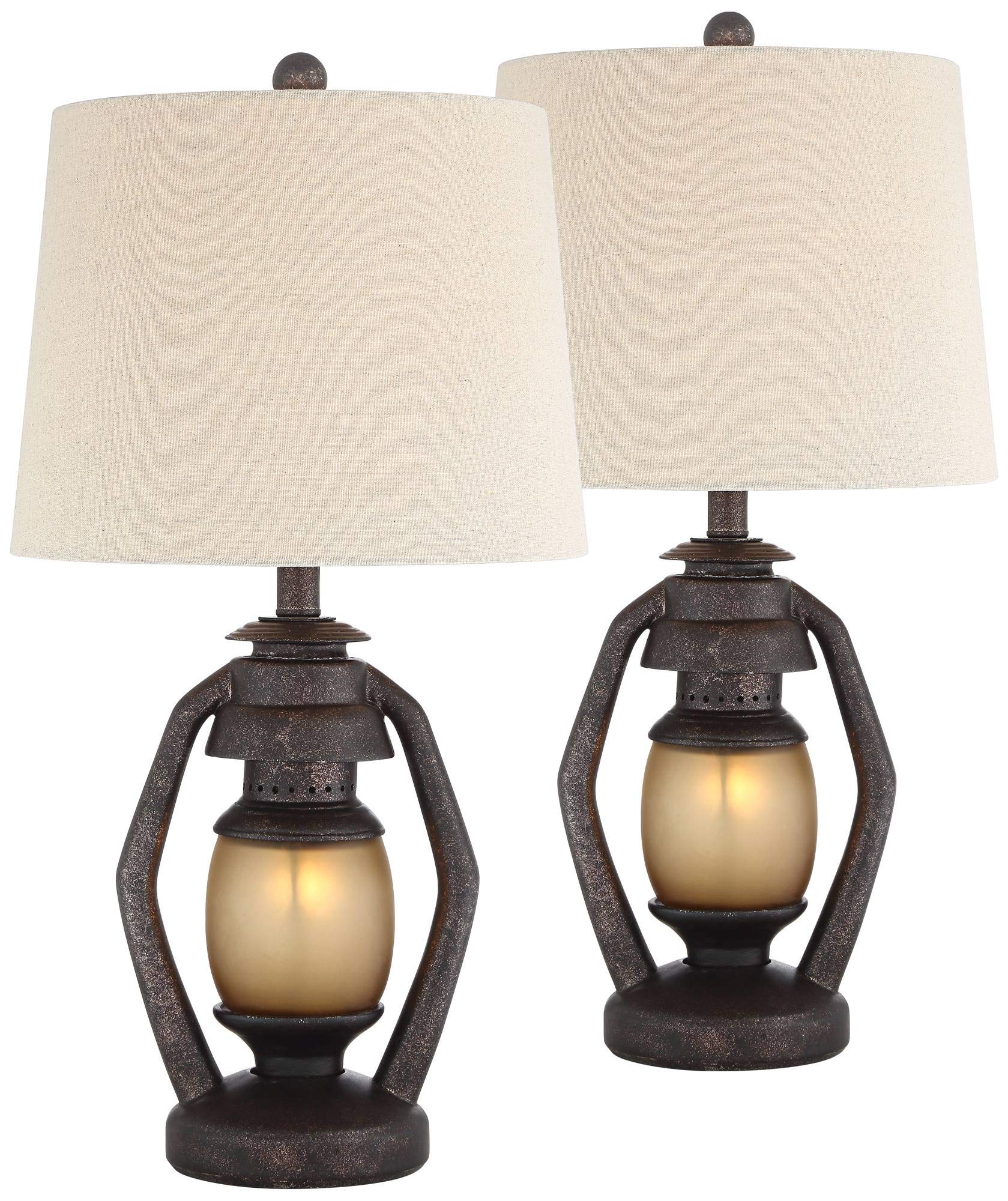 Franklin Iron Works Rustic Farmhouse Table Lamps Set of 2 with Nightlight, 25.25in High, Brown, Model 67Y72, Tapered Drum Shade
