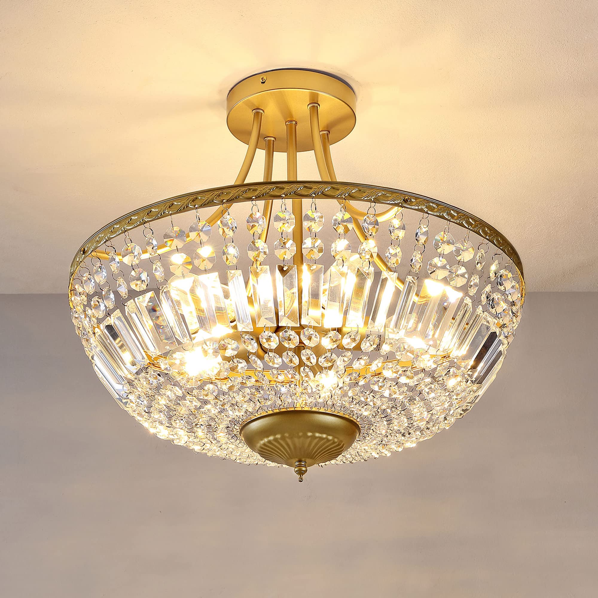 WINGBO 5-Light Crystal Ceiling Light Fixture, Modern Raindrop Chandelier, 19.5 Inch, Gold