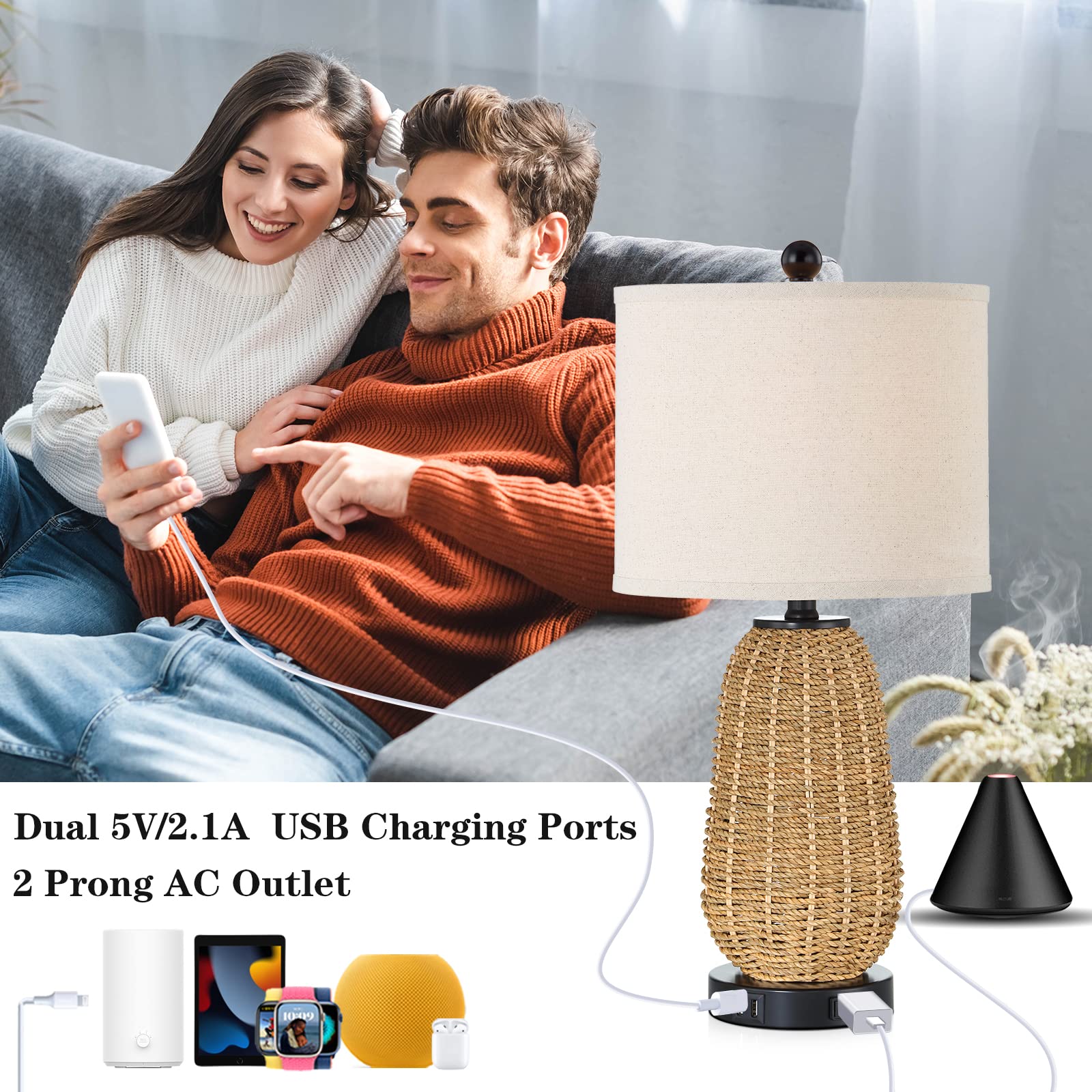 Cinsary Touch Control Rattan Table Lamps, 3 Way Dimmable Bedside Lamps For Bedroom With 2 Usb Ports And Ac Outlet, Grass Rope Ni