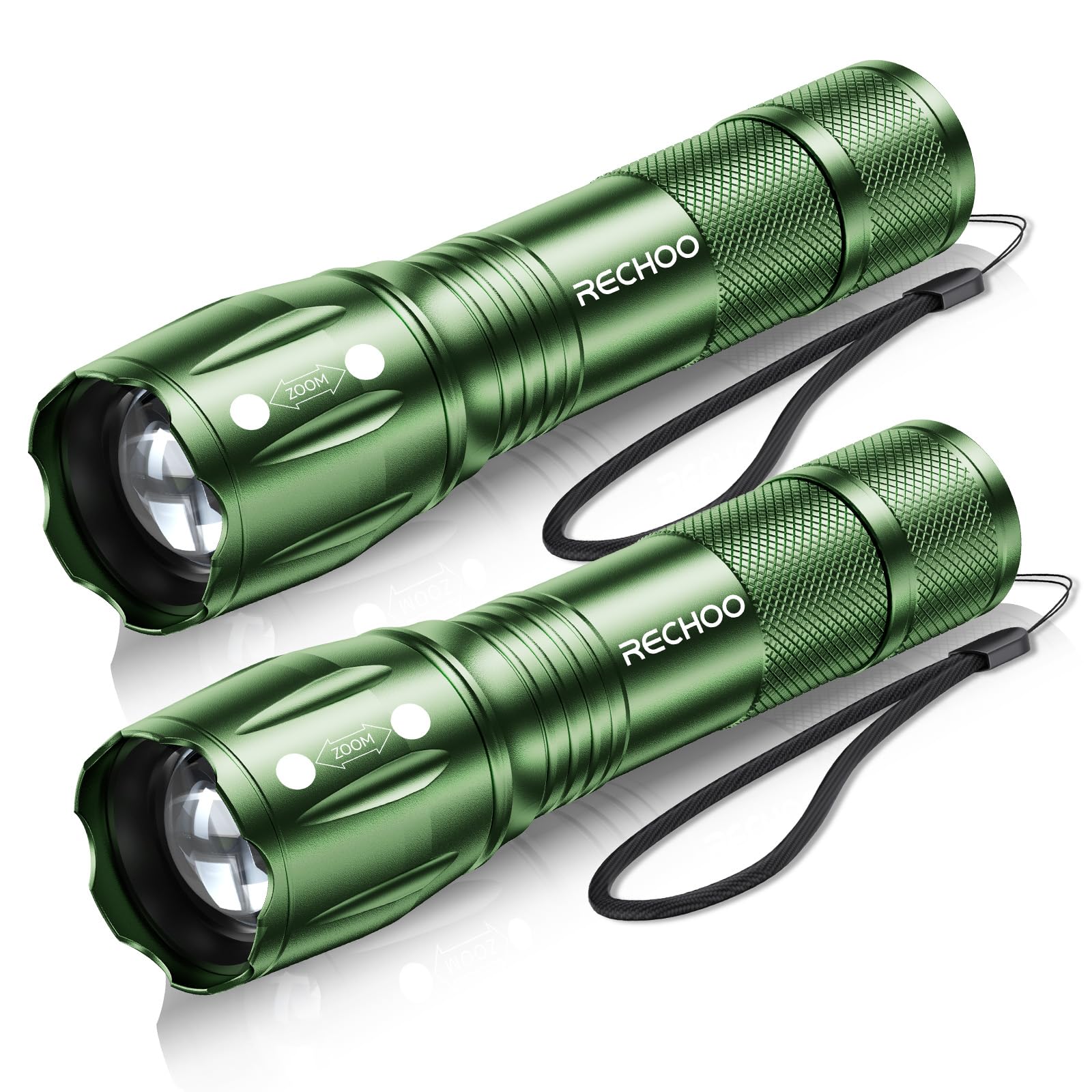 RECHOO LED Flashlight 2 Pack Green, Tactical Flashlights High Lumens with 3 Modes, Pocket Small Flash Light, Waterproof Zoomable