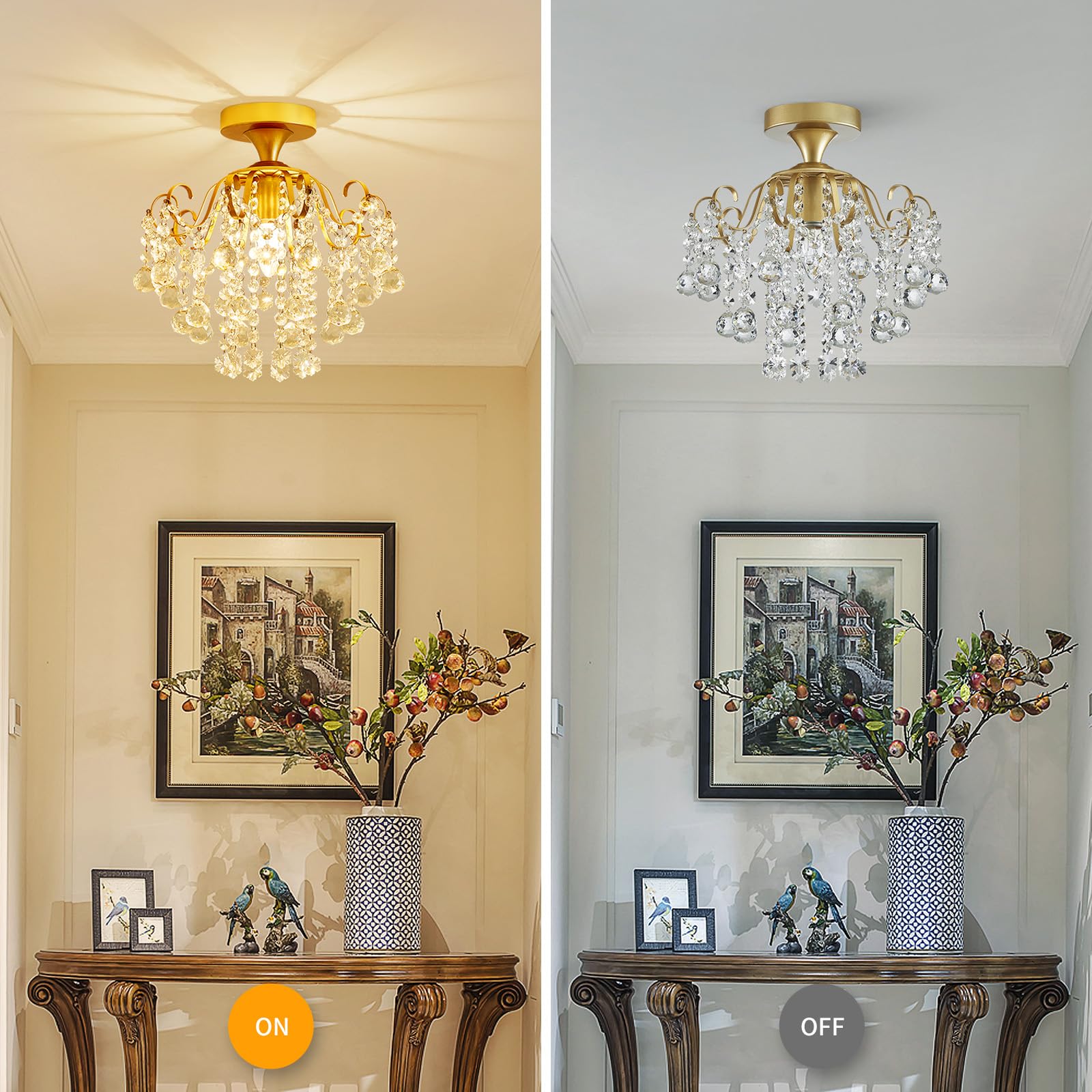WUZUPS Crystal Chandelier Flushmount Ceiling Light, Gold Metal, H 13.4" x W 12.6", Model EUHD0351, Ideal for Bedroom, Hallway, Kitchen