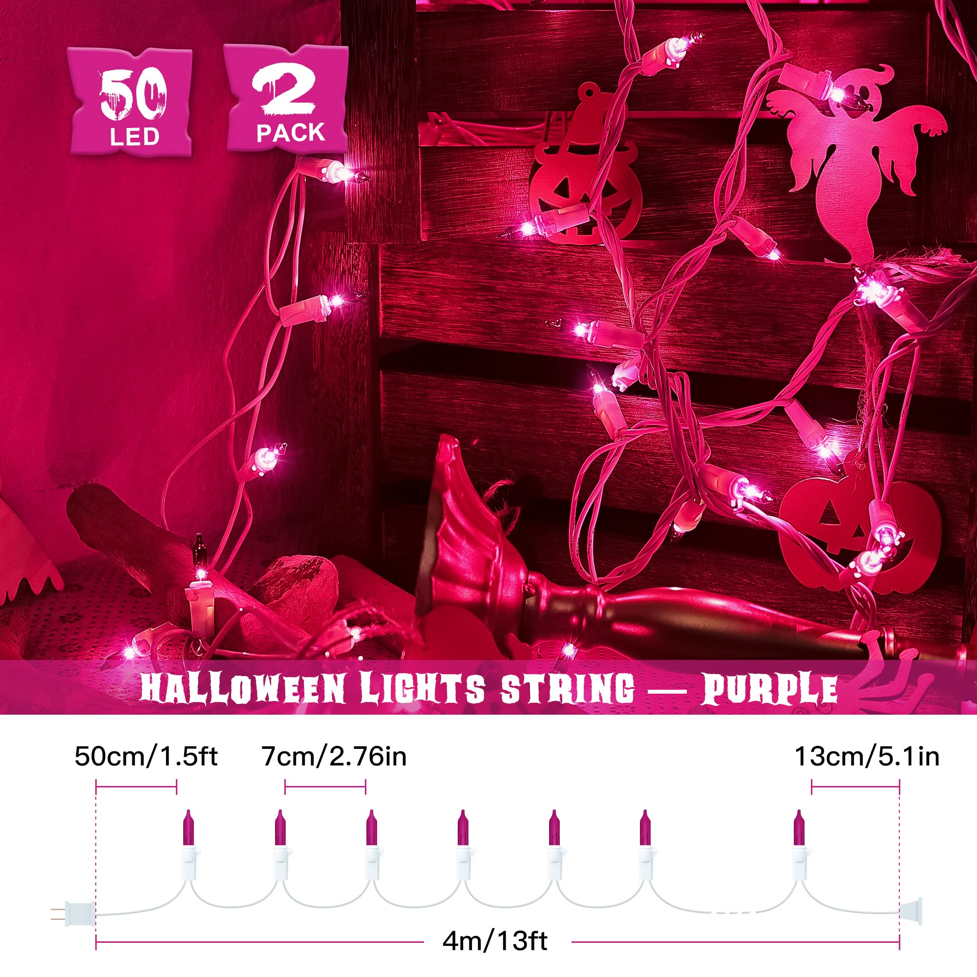 Hopolon 50-Count Purple Mini String Lights, 13Ft Indoor/Outdoor Holiday Decor, Copper Wire, 2Pack