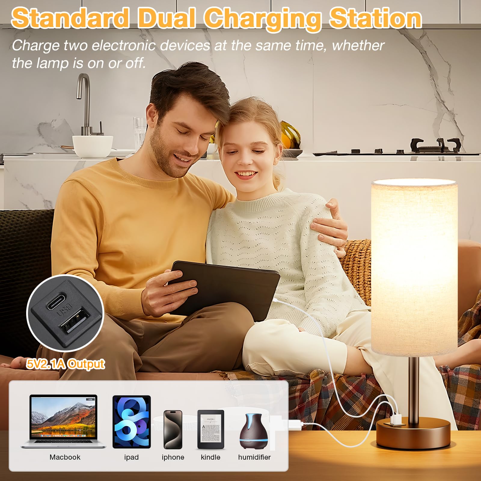 Beige Touch Table Lamp For Bedroom - 3 Way Dimmable Bedside Lamp With Usb, Nightstand Lamp With Brown Charging Station For Desk,