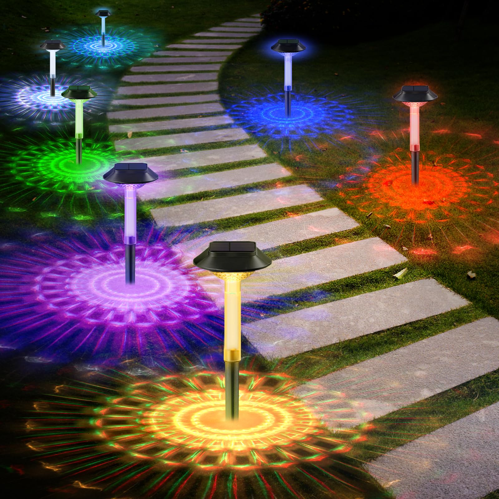 ALEPOD Color Changing Solar Pathway Lights - 8 Pack IP68 Waterproof with 7 RGB Modes for Halloween & Christmas Yard  Garden  Walkway  Pathway  Backyard  Lawn Decoration