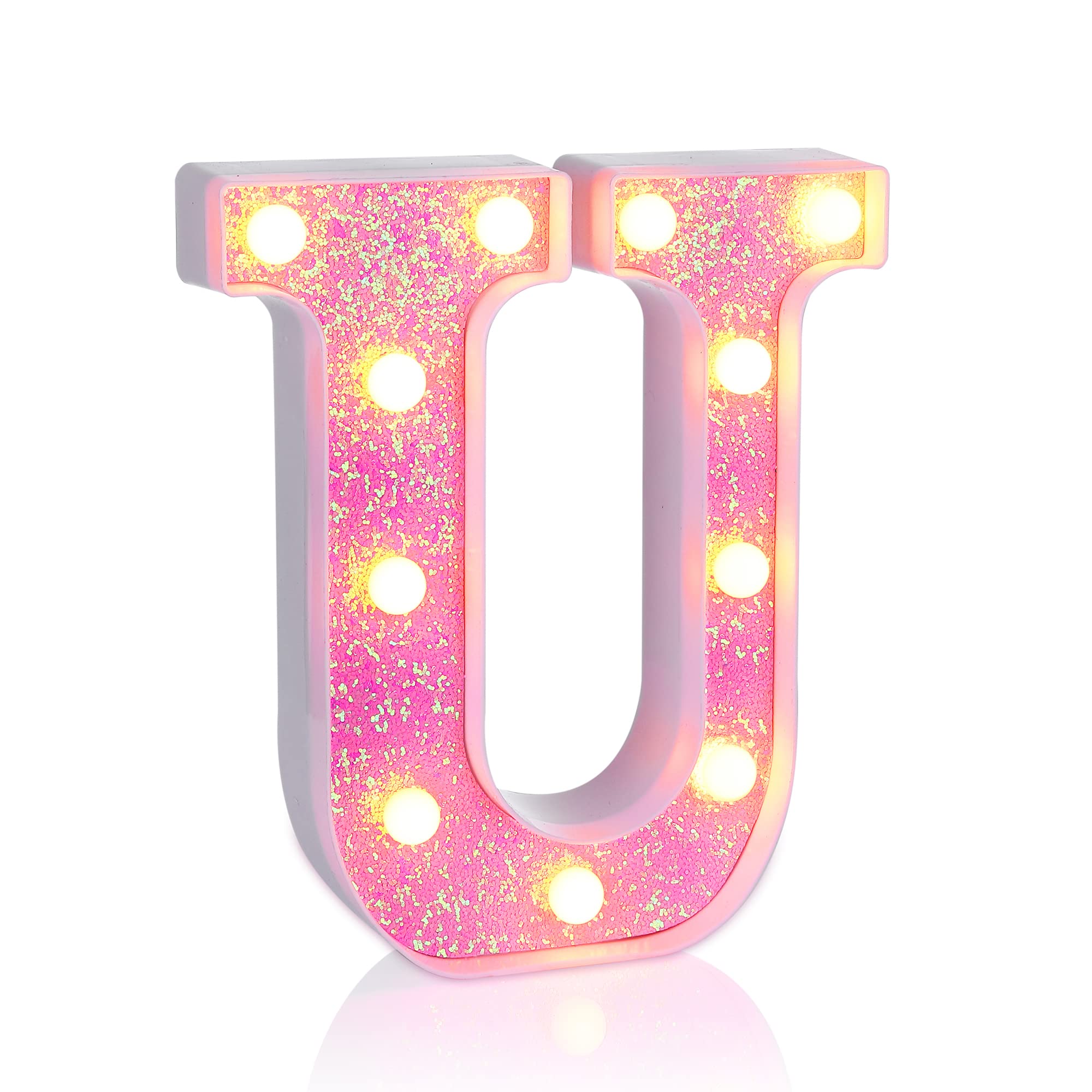 Foaky LED Letter Lights Sign, Pink Glitter Alphabet, Battery Powered Night Light for Parties, Home Bar Decoration, Color U