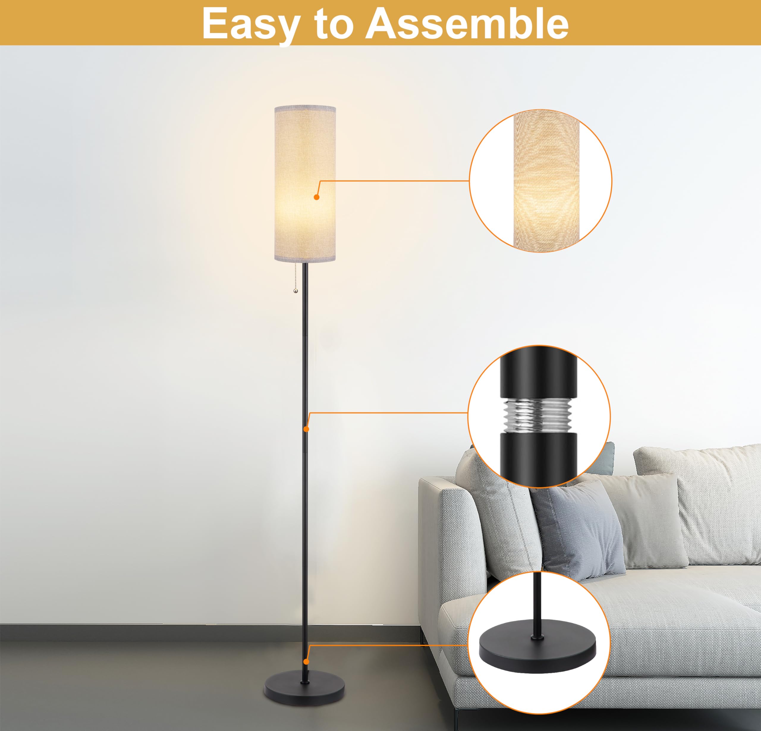Ldeco Modern Floor Lamp for Living Room, Beige Shade, Tall Design with Chain Switch, LED Bulb Included, Model KL18XX8.WH