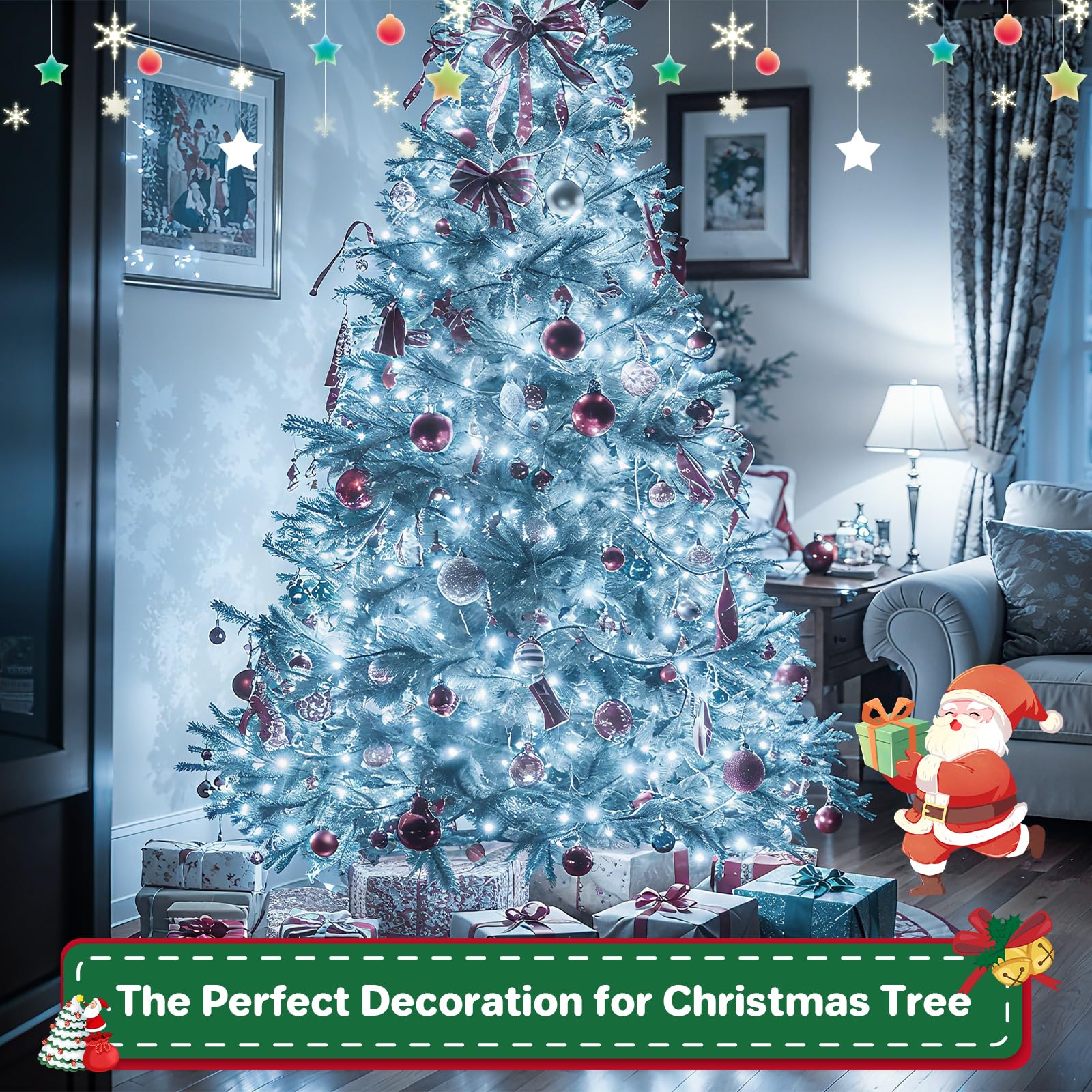 Christmas Cluster Lights Plug-In -52Ft 800 Led Fire ers String Lights 8 Modes Timer Waterproof Twinkle Fairy Lights For Christmas Tree Garland Party (Cool White)