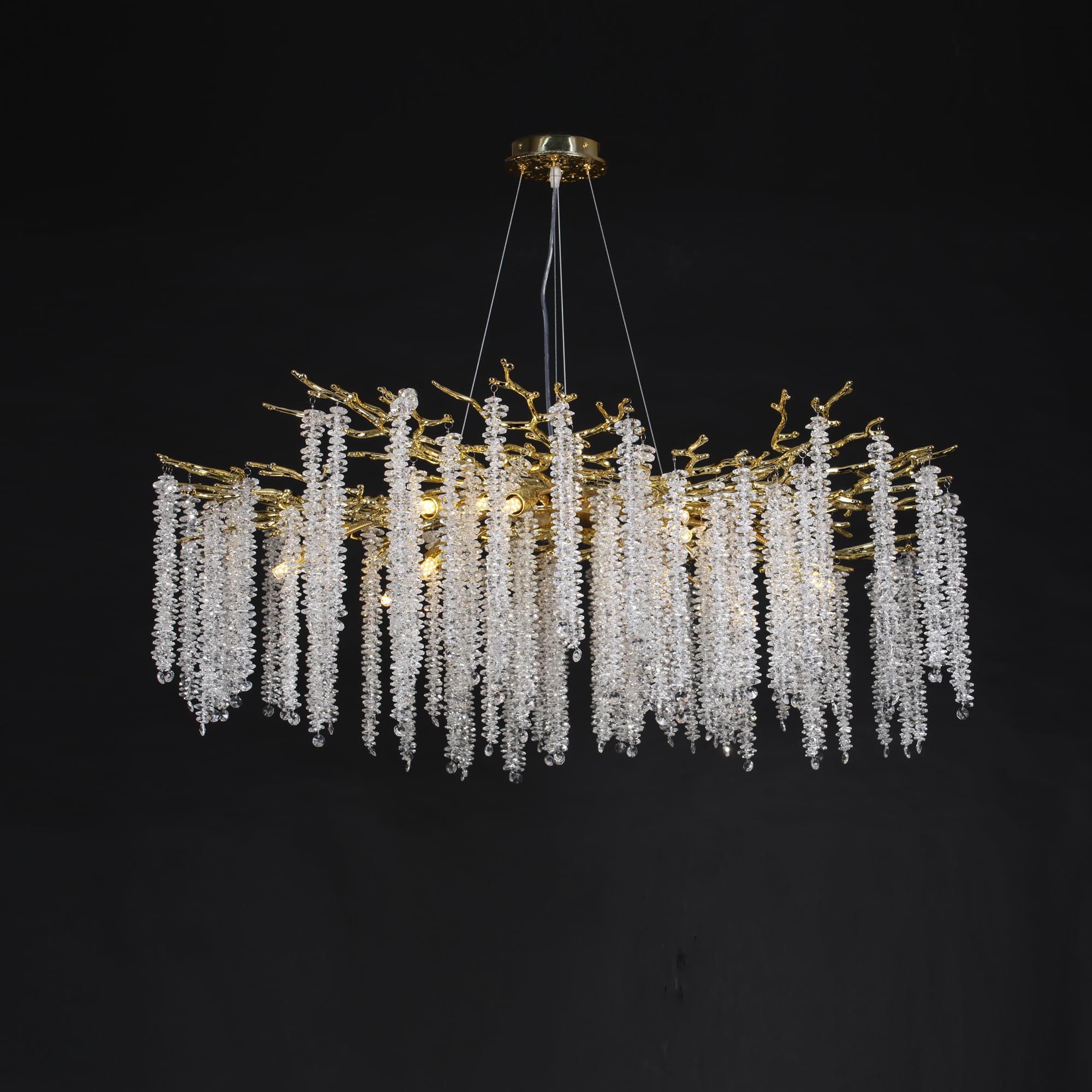 Puvaue Tree Branches Chandeliers Luxury Round Raindrop Crystal Pendant Light 15 Lights Tassel Ceiling Hanging Light For Dining R