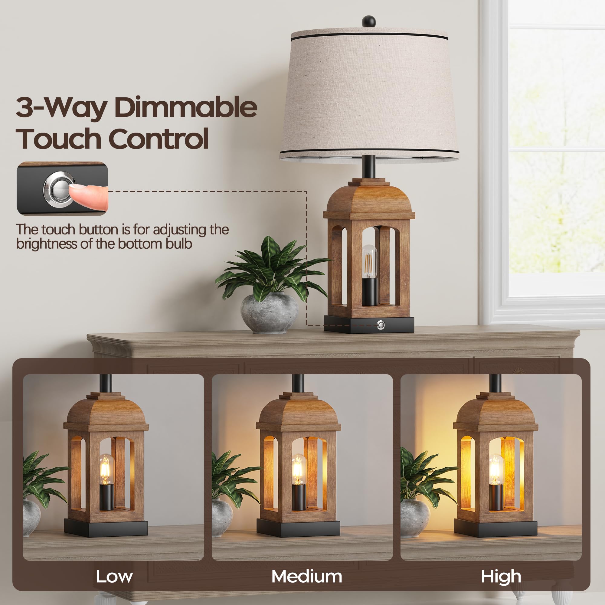QiMH Rustic Table Lamp - 26" 3-Way Dimmable Touch Control Nightstand Lamp with USB A+C, Wood Grain, 1 Pack