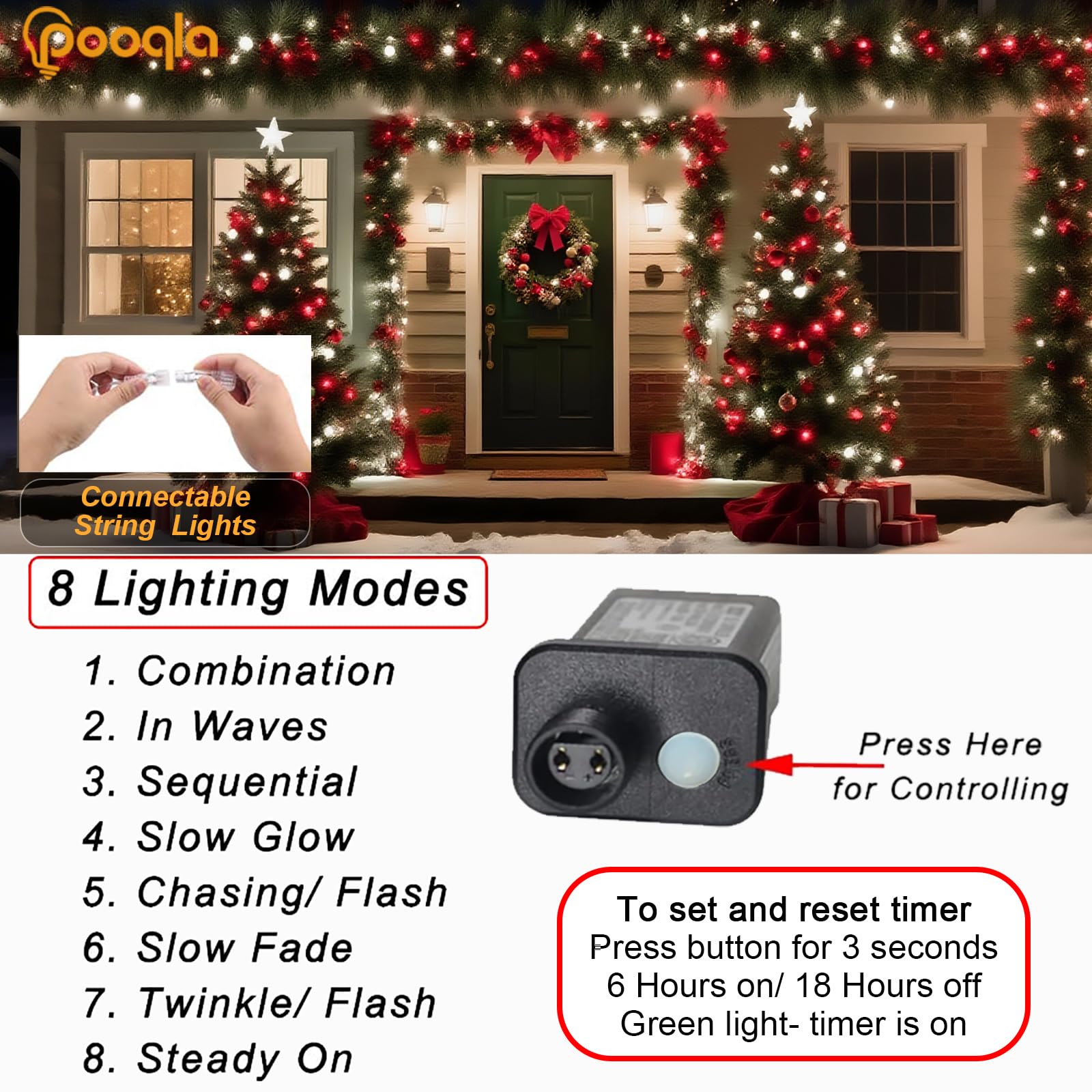 Pooqla Christmas String Lights, 66 ft, 200 LED, Clear Wire, 8 Modes, Red and White