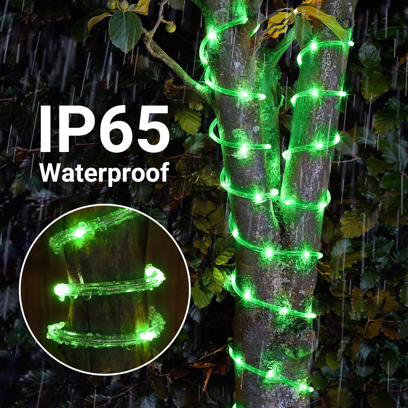 Jnaurb Solar Rope Lights, 132ft, 400 LED, Waterproof, 8 Modes, Green, Flexible Tube Light for Outdoor Garden Decor