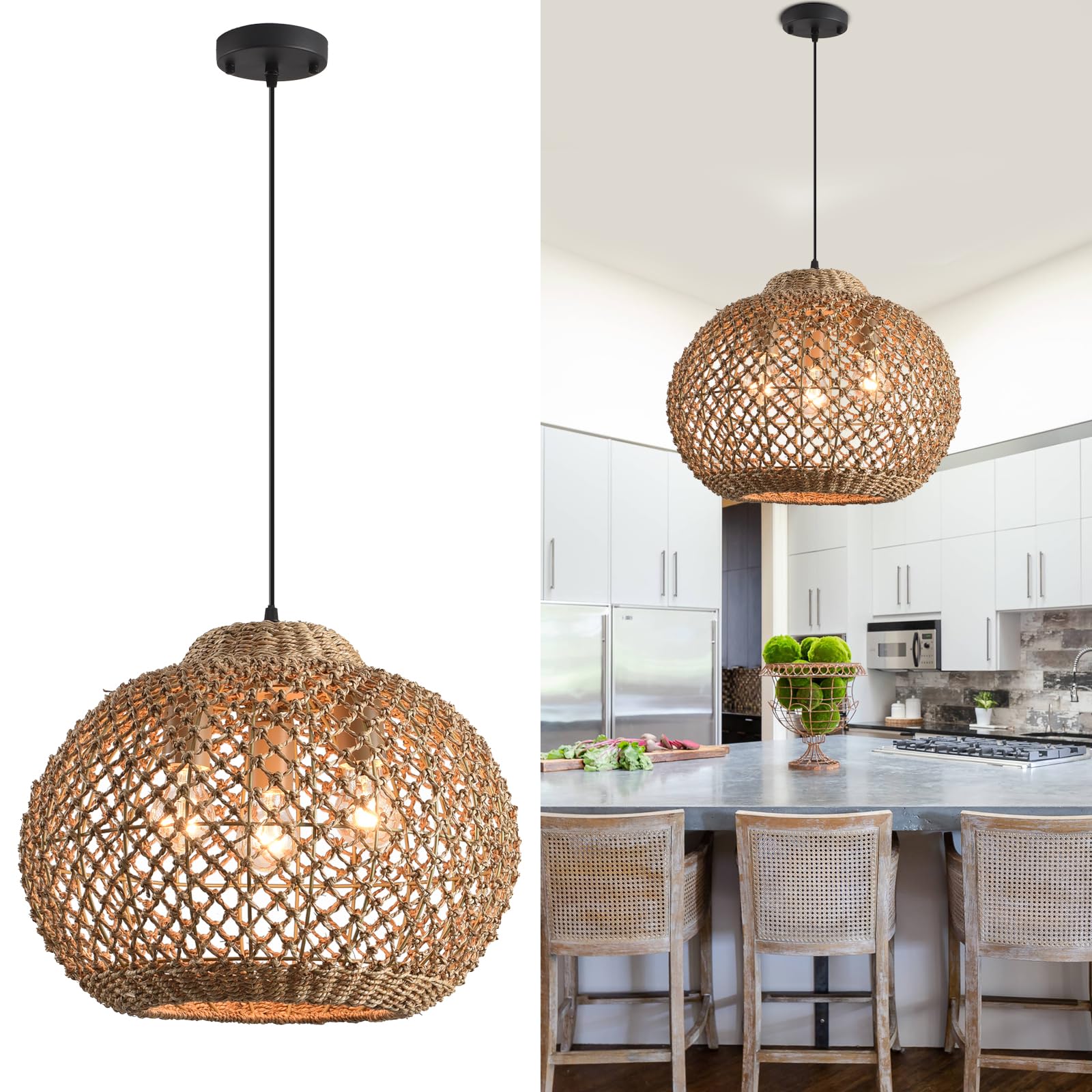 Teru Ji Kaikang 17'' Rattan Pendant Light,3-Light Boho Hand Woven Wicker Seagrass Hanging Light Water Plants Rattan Chandelier f