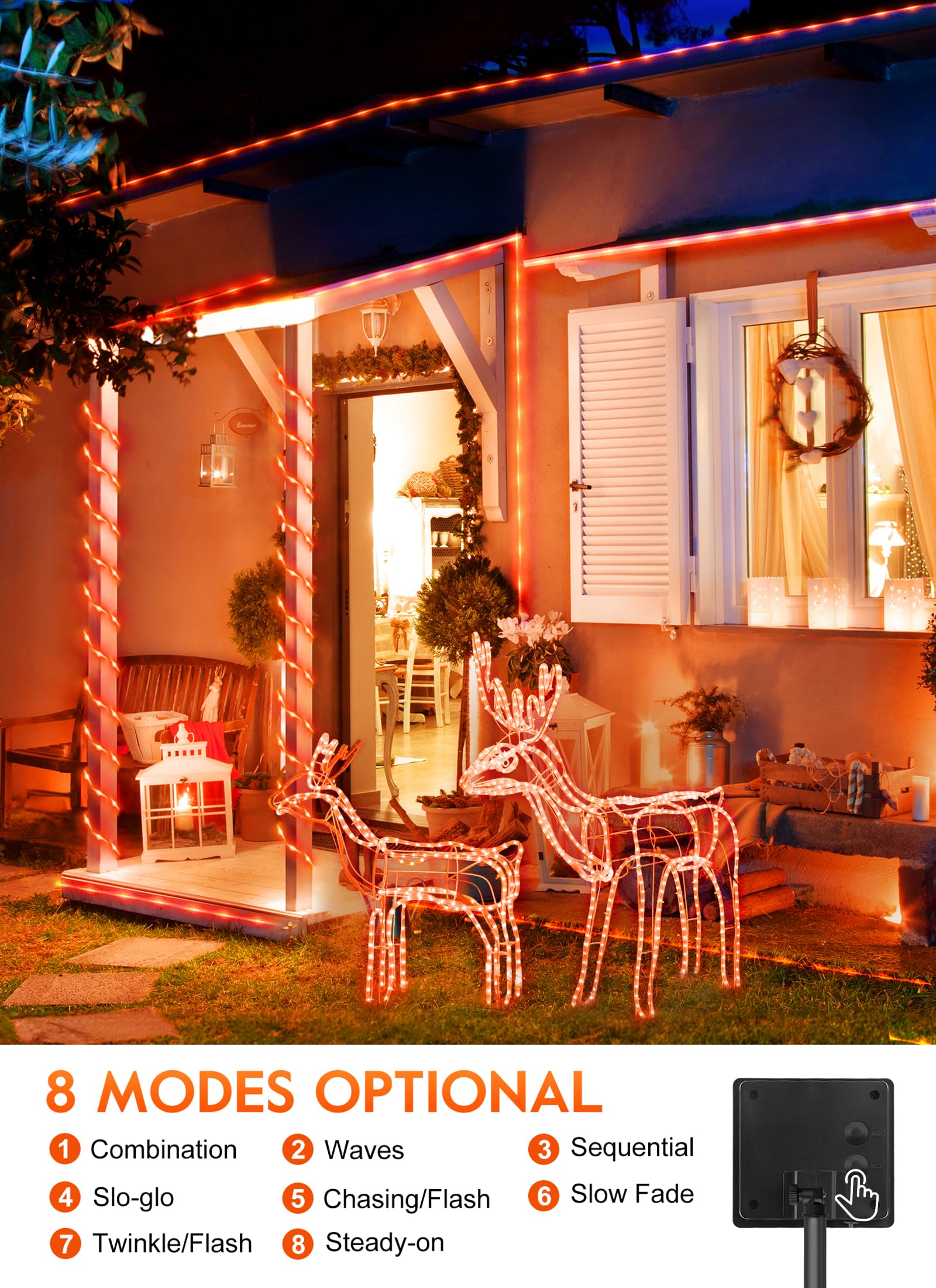 Brightown Solar Rope Lights, 39Ft 100Led Outdoor Solar String Lights, Ip65 Waterproof Solar Powered Fairy Lights With 8 Lighting Modes For Christmas Party Garden Yard Home Tree Decoration, Orange