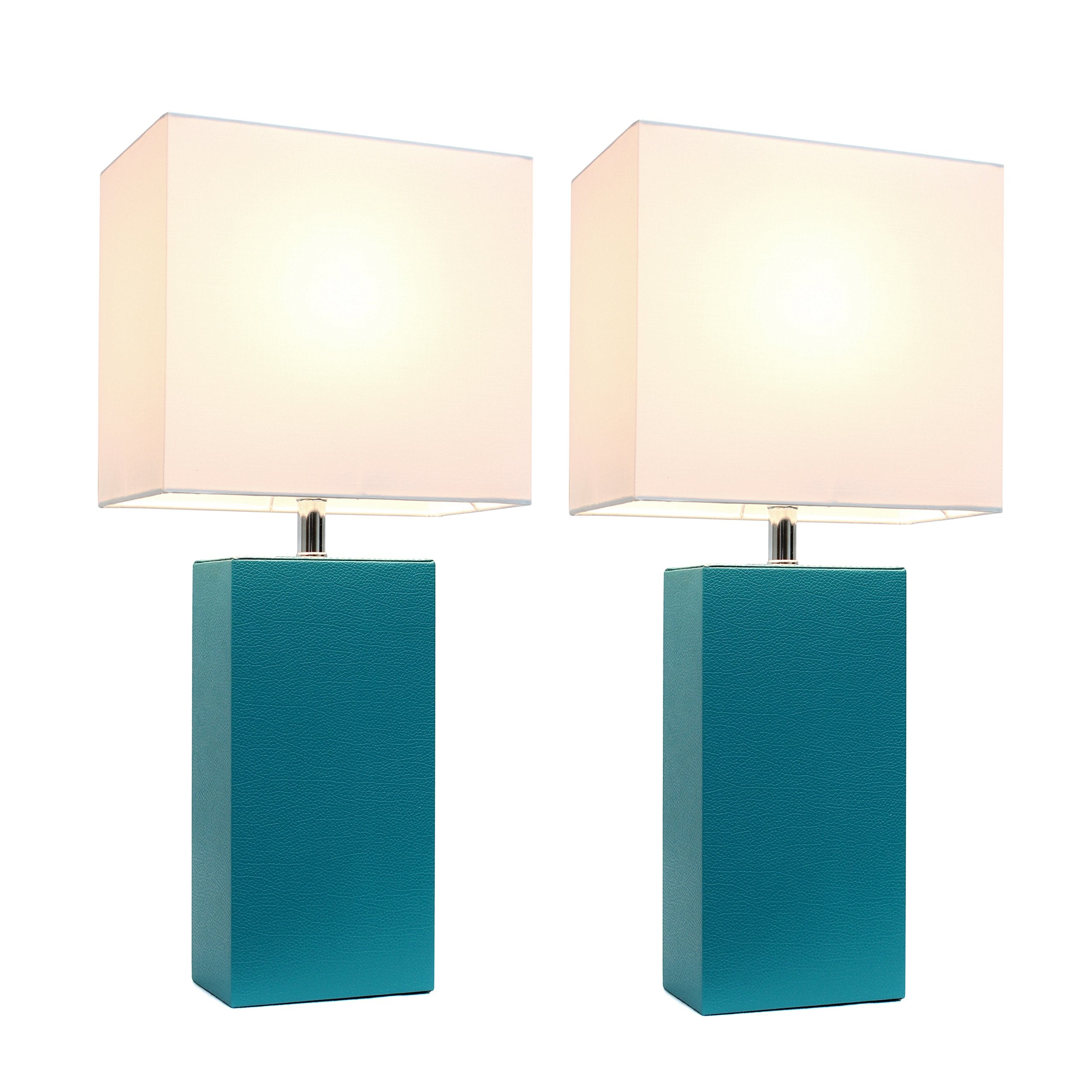 Elegant Designs LC2000-TEL-2PK 2 Pack Modern Leather Table Lamps with White Fabric Shades  Teal