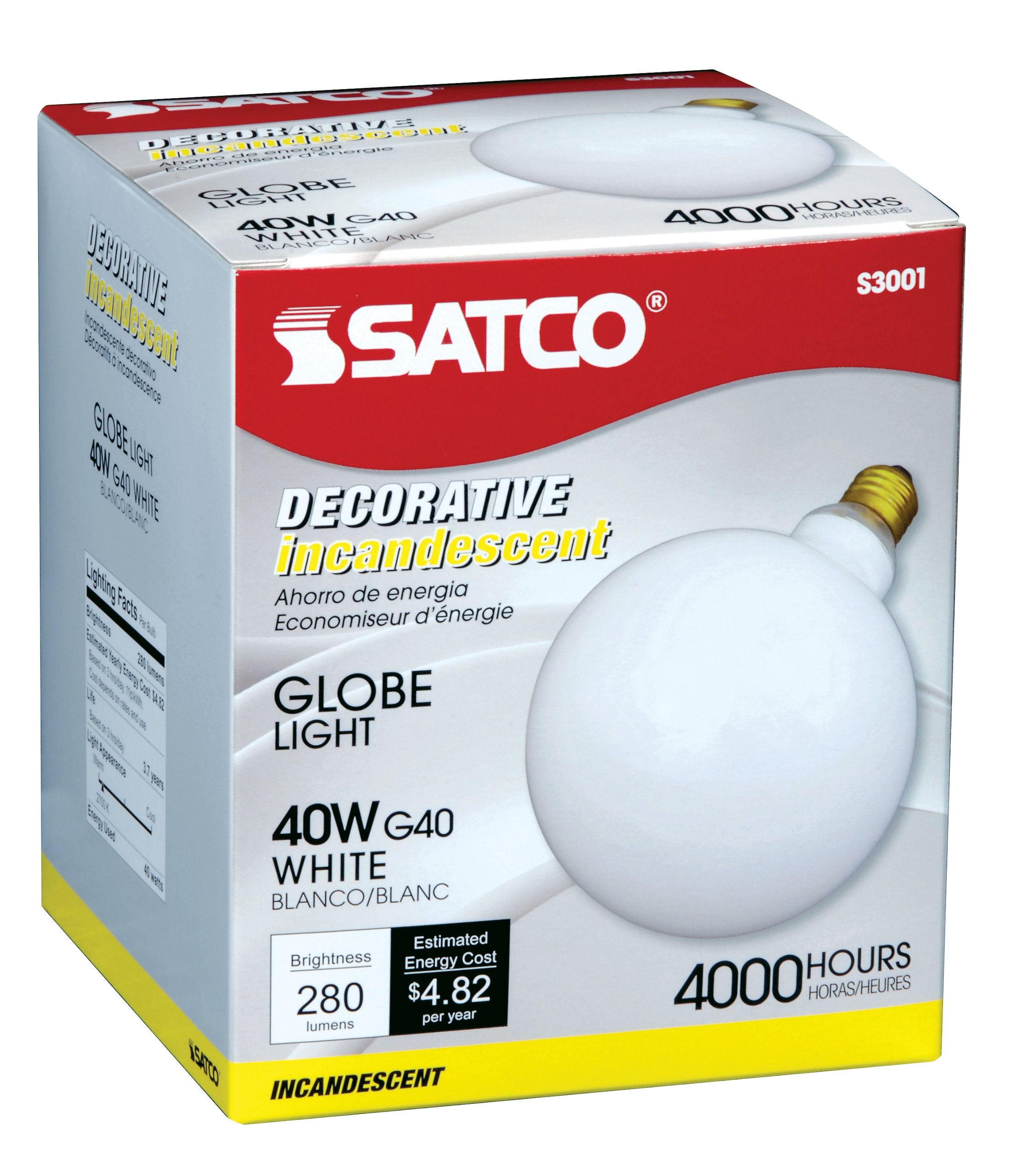 Satco S3001 G40 Light Bulb, 40W, Medium Base, Gloss White, One Size, Copper Material