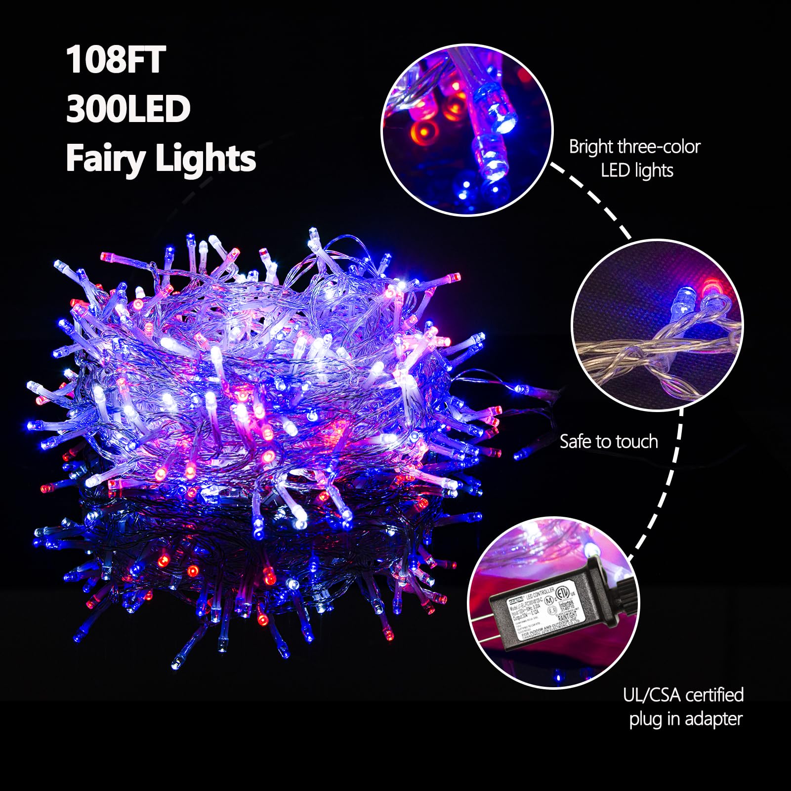 Illuminew 4Th Of July Decorations 300 Led Red White And Blue String Lights Plug-In, 8 Modes 108Ft Independence Day Fairy Lights