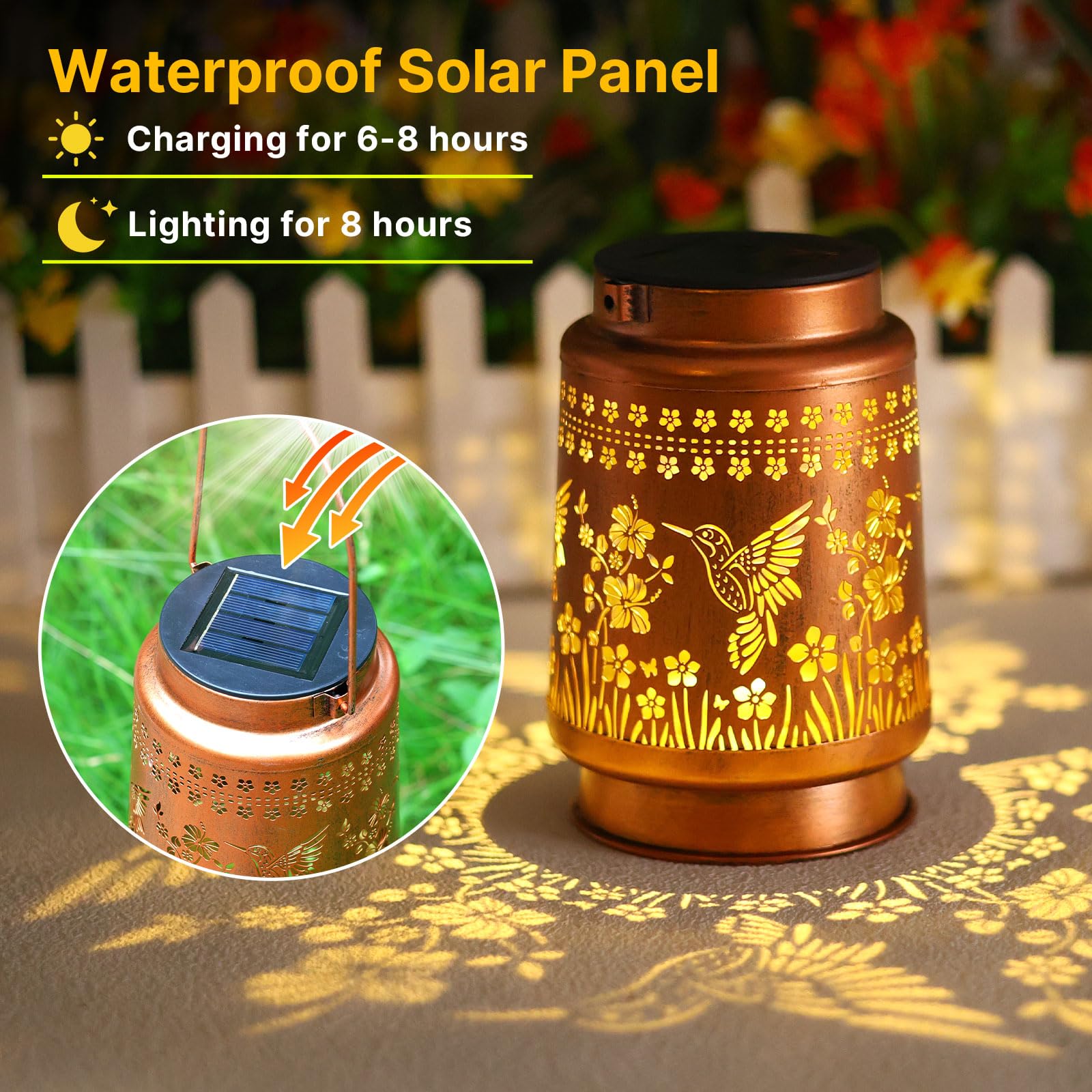 Gr8Gardens Hummingbird Solar Lanterns - Waterproof Metal LED Hanging Lights in Red Copper for Garden, Patio, Yard, and Porch Decor