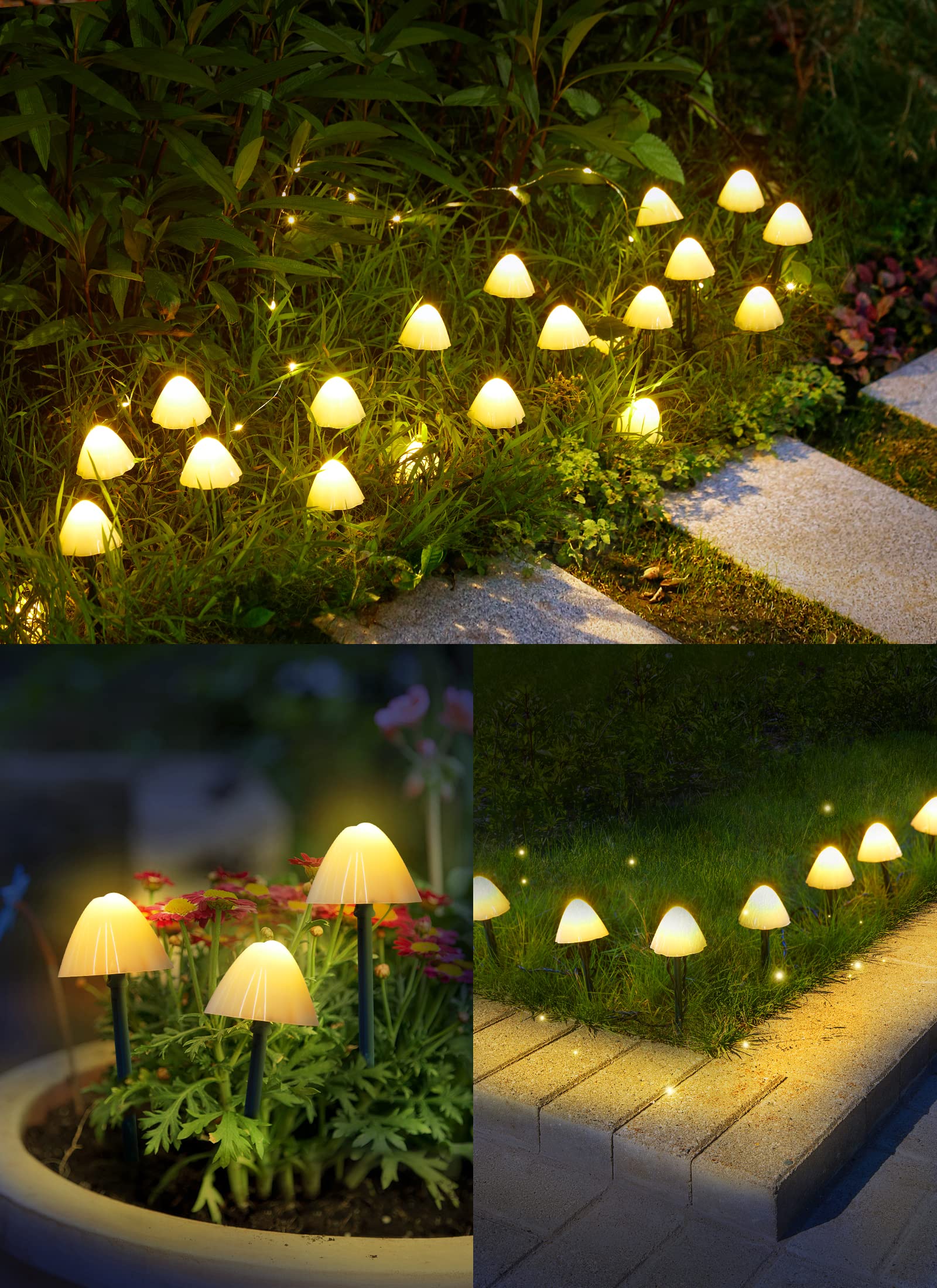 Solar Mushroom Garden Lights For Outside, 20 Led 32.8Ft Solar Pathway Lights Outdoor Waterproof For Fence With 8 Lighting Modes