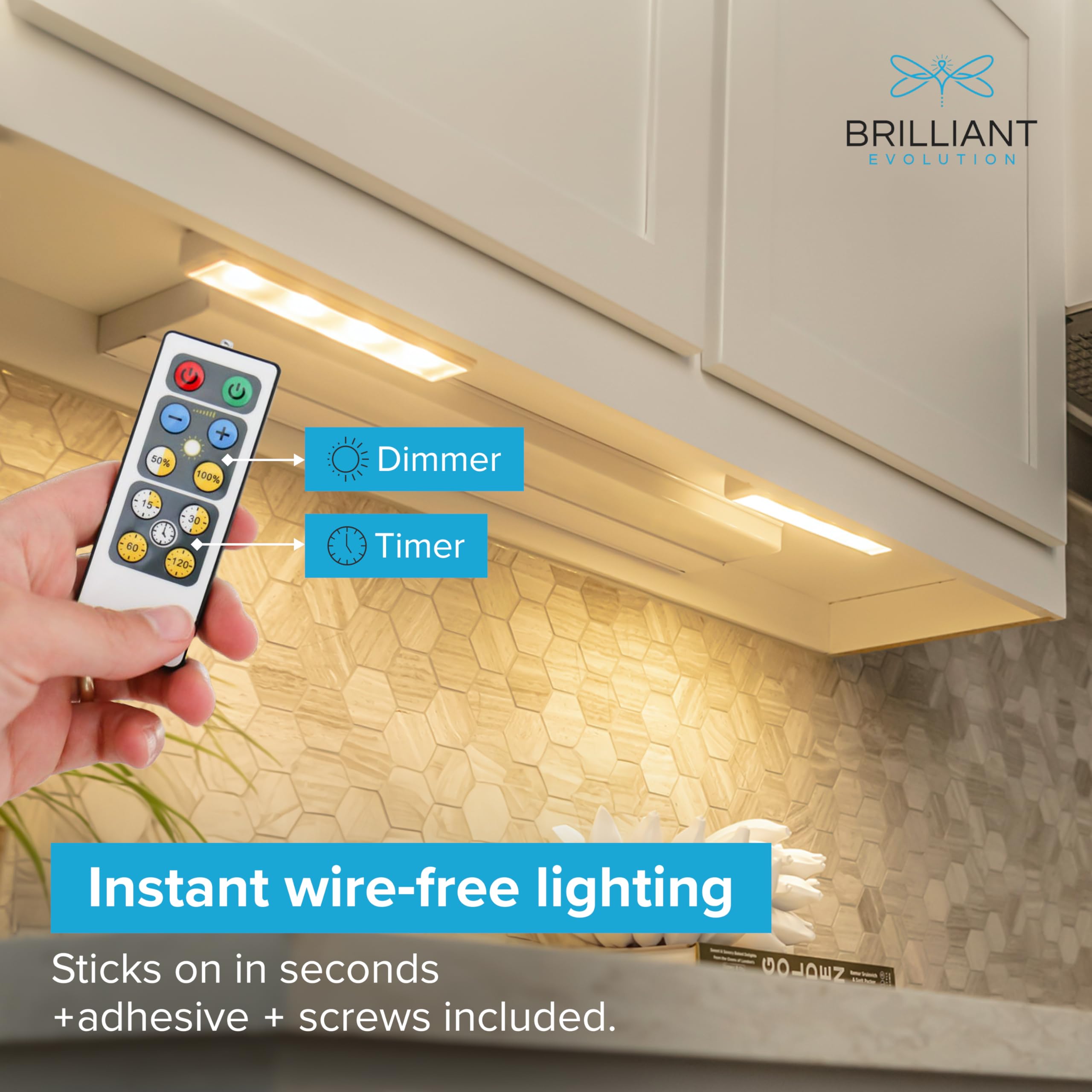 Brilliant Evolution Wireless LED Under Counter Lights, 4-Pack, 3000K Warm White, Battery Operated, Model BRRC120IR4, Stick On Fixtures