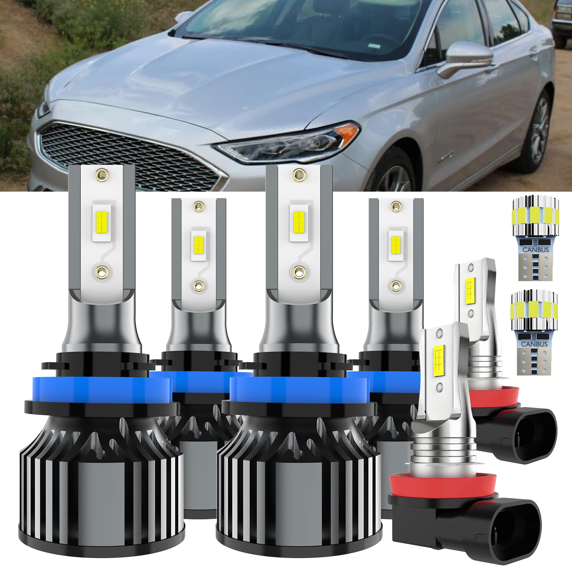 AYOTZIH Bulbs Fit For Ford Fusion 2019-2020, High Beams Low Beams Fog Lights License Plate Lights Combo, 400% Brightness 6000K W