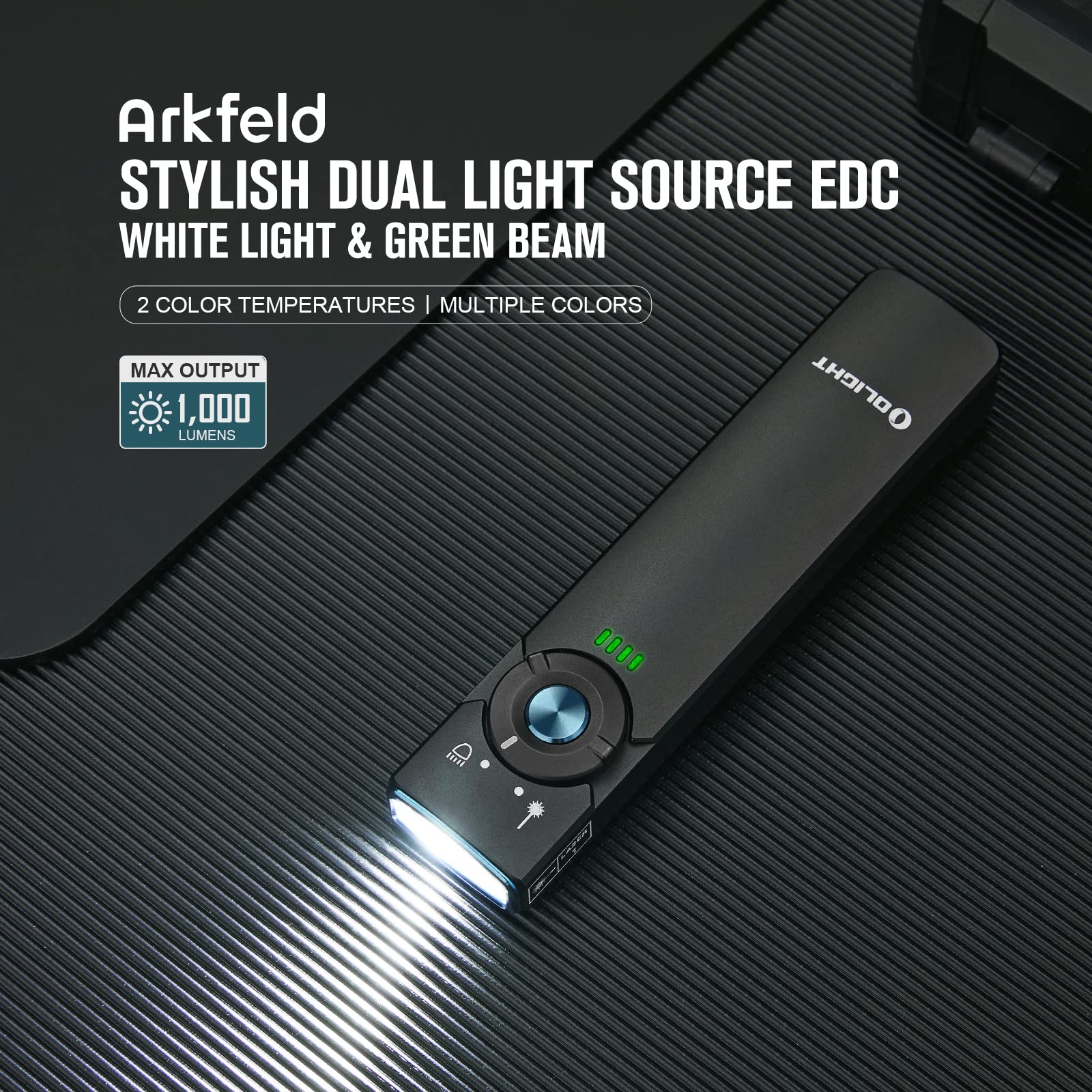 OLIGHT Arkfeld EDC Flat Flashlight, 1000 Lumens White LED Light with Green Beam Combo, Power by Rechargeable Built-in Battery fo