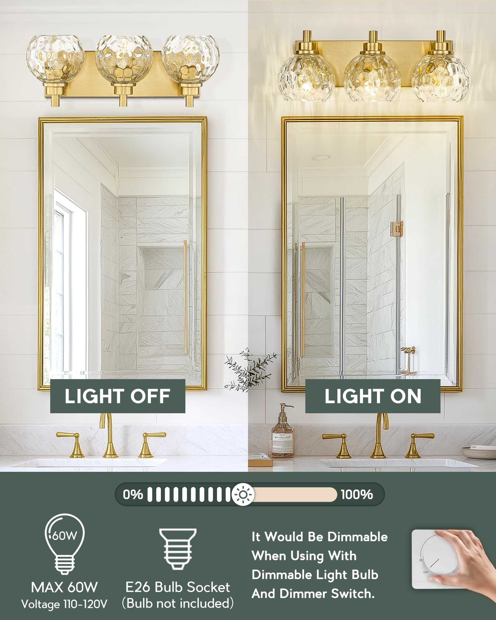 METWET 3-Light Bathroom Vanity Light Fixture, Brushed Gold with Clear Hammered Glass Shade, Model VL200-BG-3