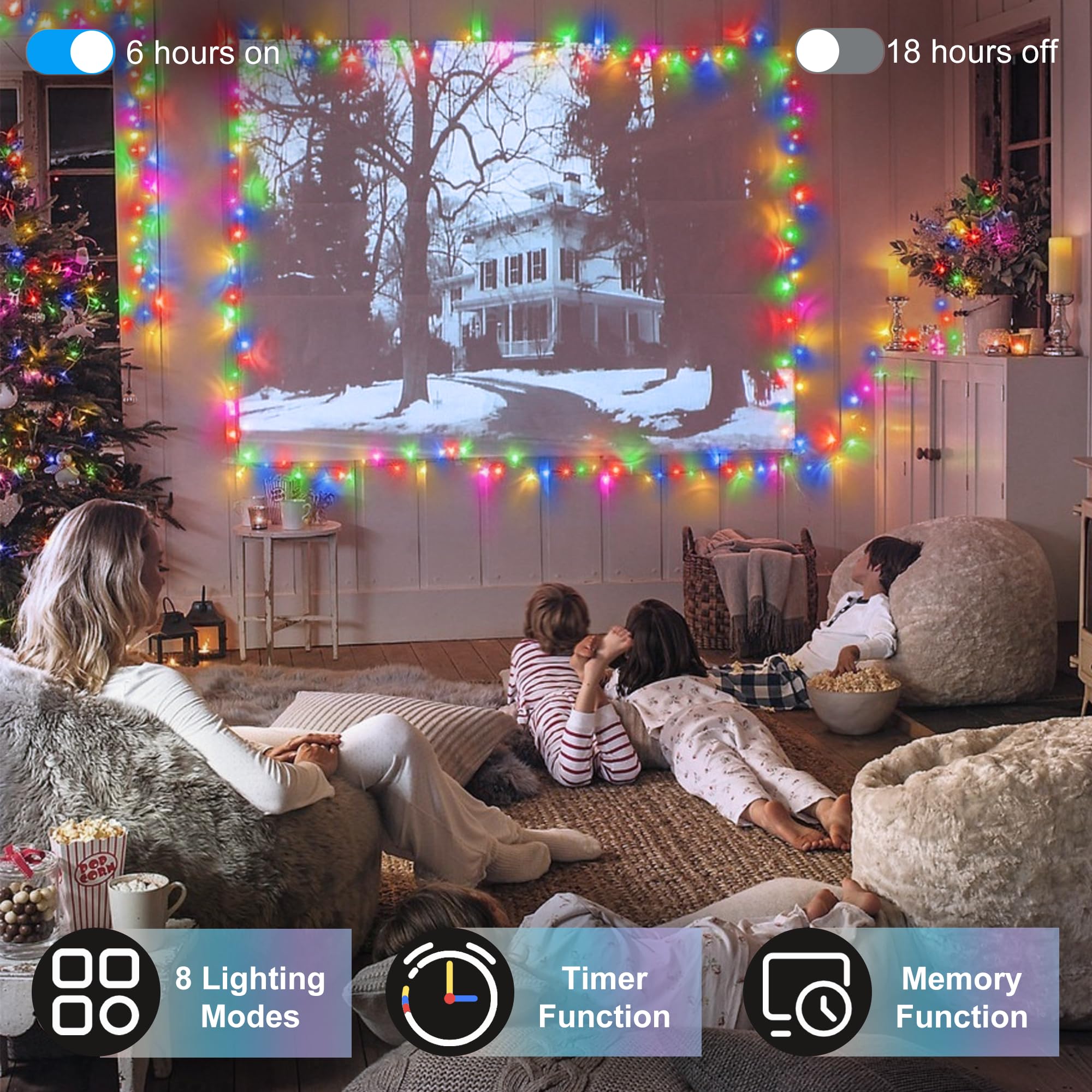 HRANBOTY 300 LED Christmas String Lights, 100 FT, Multicolor, 8 Modes, Indoor Outdoor, Timer & Memory