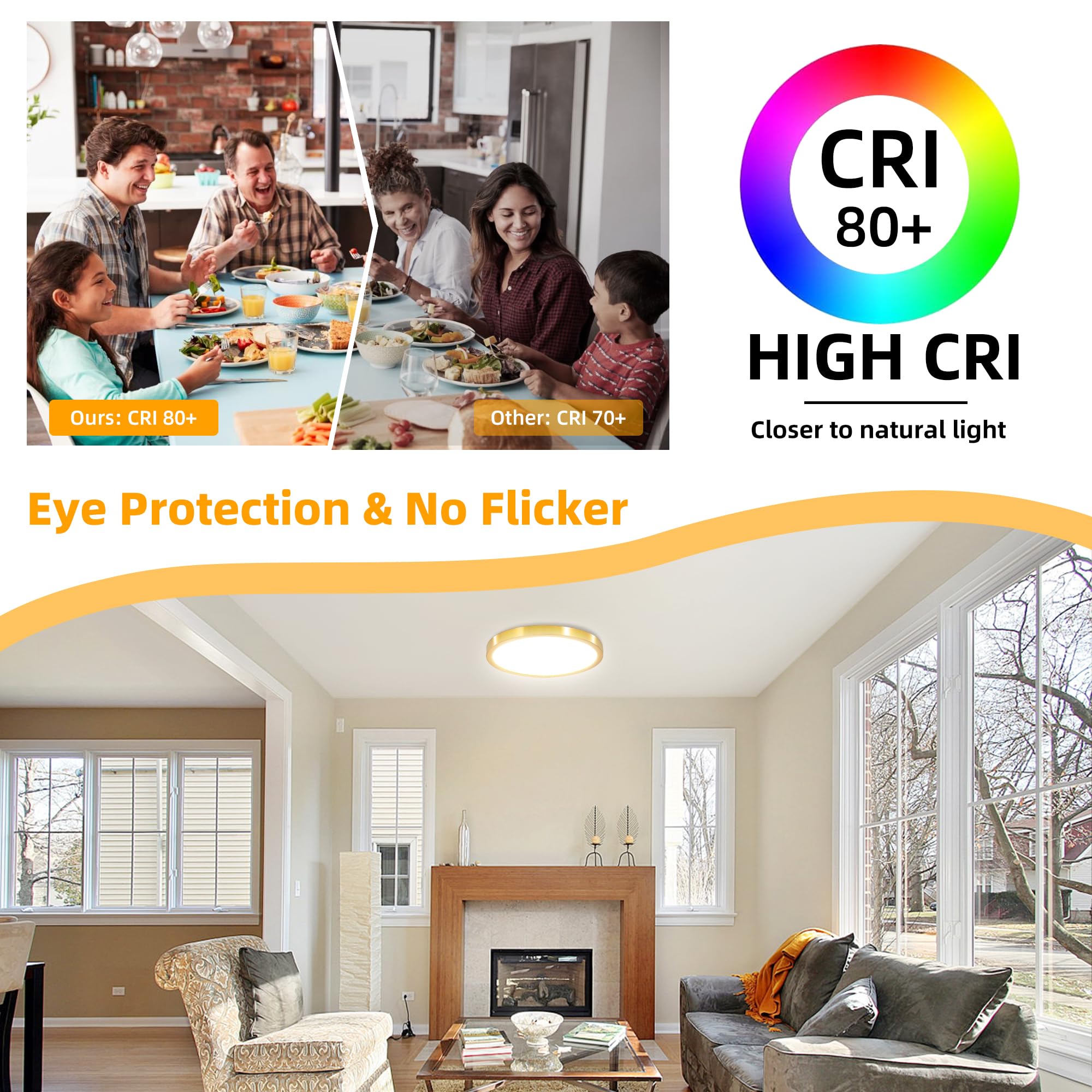 Hlite 12-Inch Flush Mount LED Ceiling Light Fixture, 24W 2400LM, 3CCT Selectable, Metal, Gold, Model CLB-1717