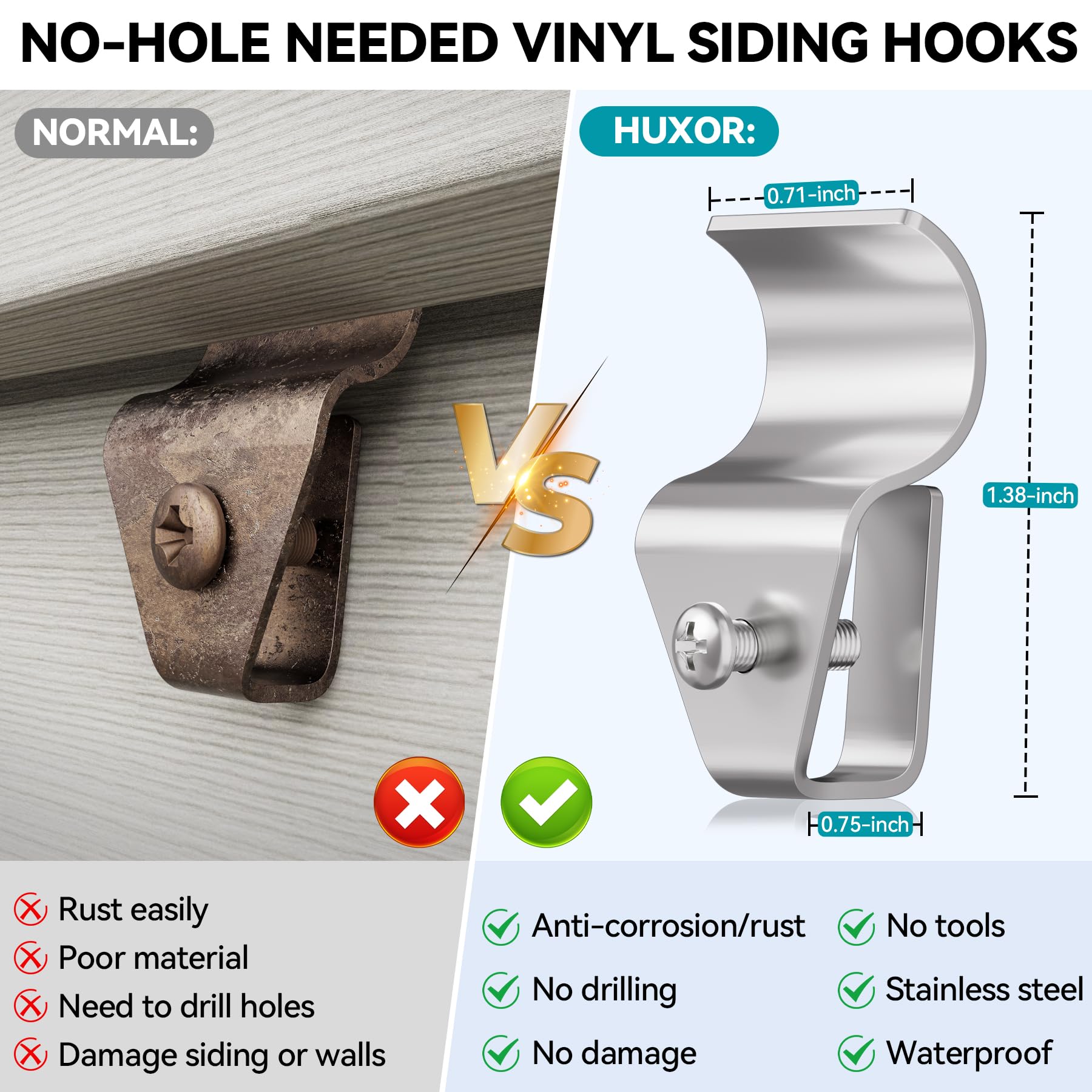 HUXOR Vinyl Siding Hooks for Solar Lights, Metal Clips, 10 Pack, Silver, Model HUXOR-1