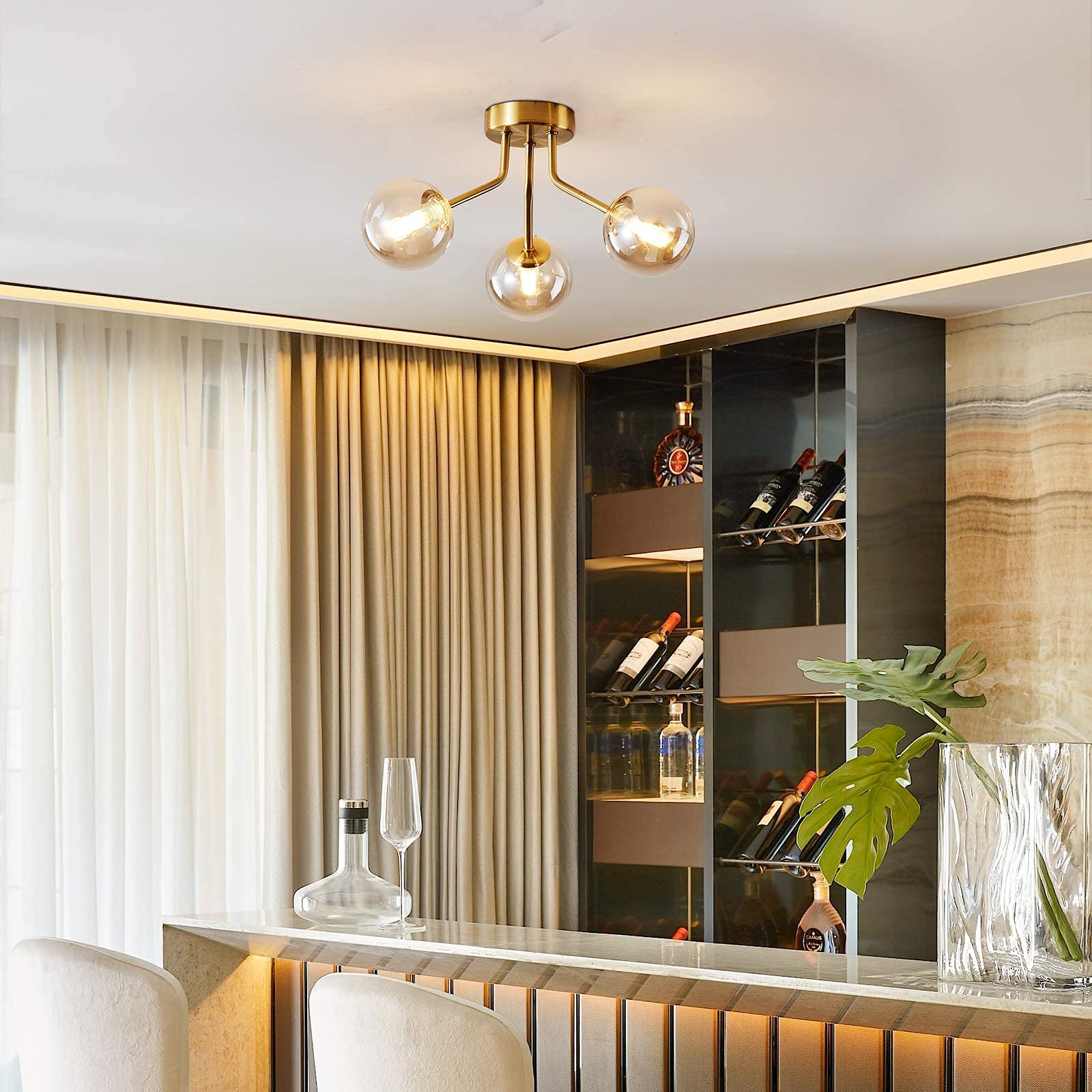 Modern Sputnik Chandeliers 3 Light Gold Semi Flush Mount Ceiling Light Fixture Pendant Lamps Bulbs With Glass Globe Lighting For