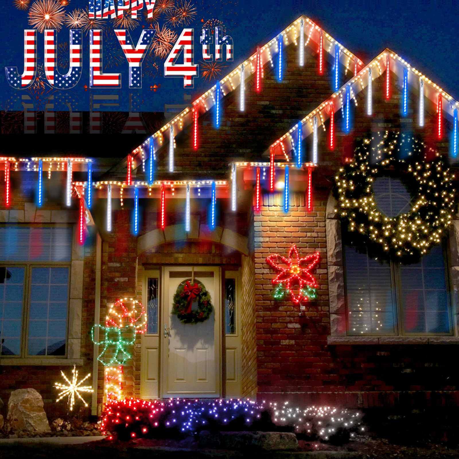 EXF 2-Pack Outdoor Christmas Decorations Lights, 432LED Meteor Shower, Timer, 30cm Tubes, Red White Blue