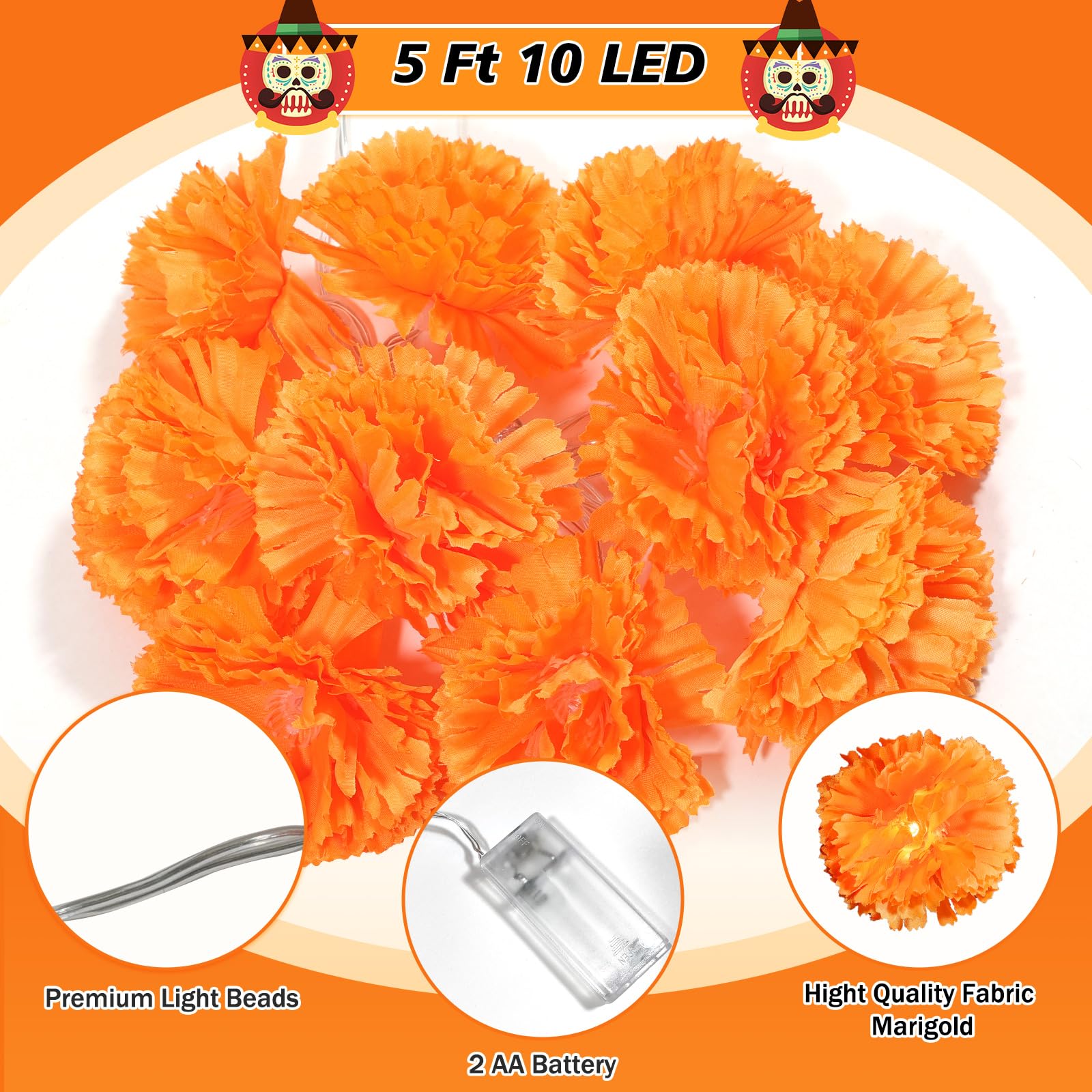 6 Pack Day Of The Dead Lighted Marigold Garland 10 Led Artificial Marigold Flowers String Lights Dia De Los Muertos Decorations For Halloween Diwali Indian Party (6  5 Ft 10 Led)