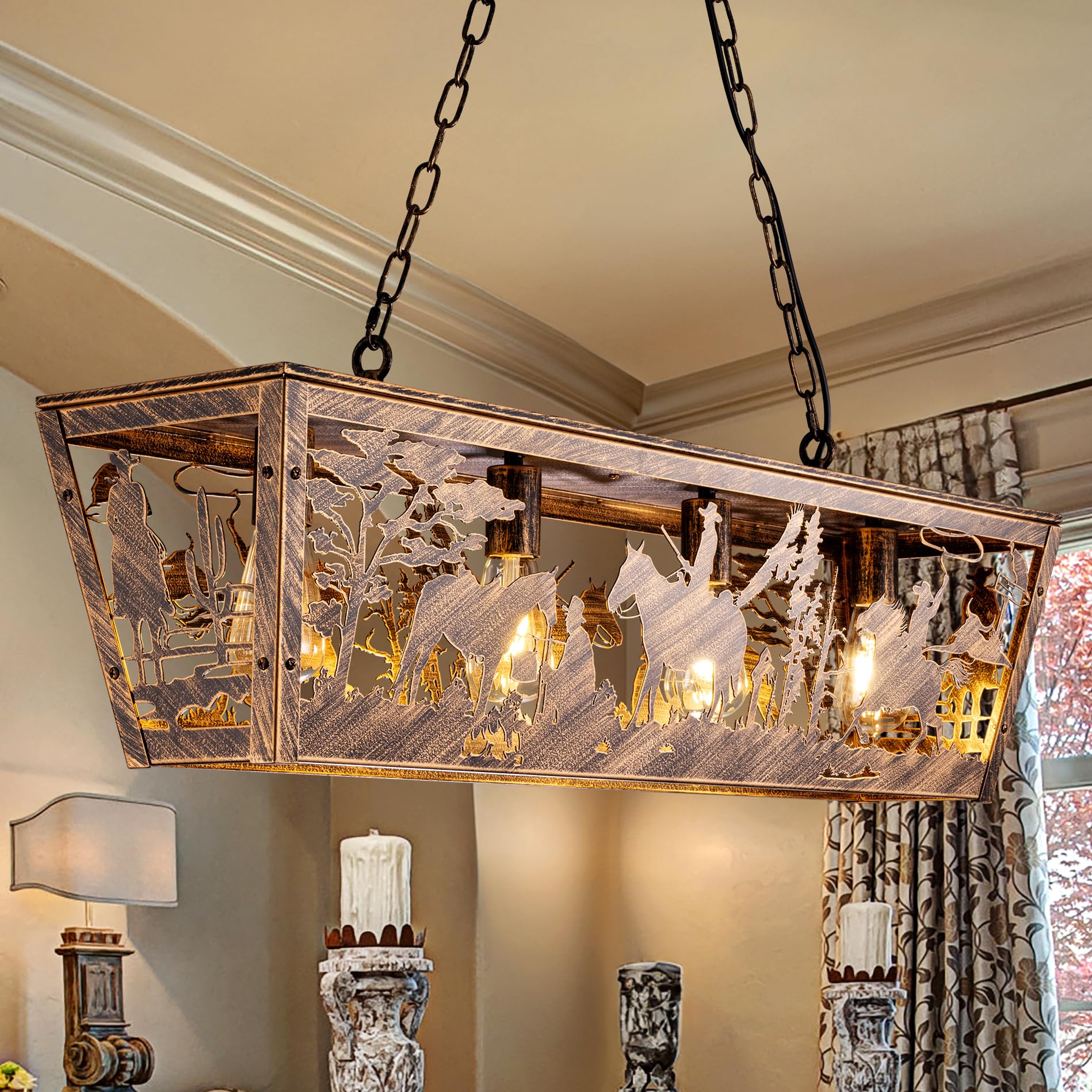 TOCHIC 4-Light Farmhouse Chandelier, 38 L Rustic Cabin Kitchen Island Lights Western Cowboy Horse Hanging Light Fixture Bronze C