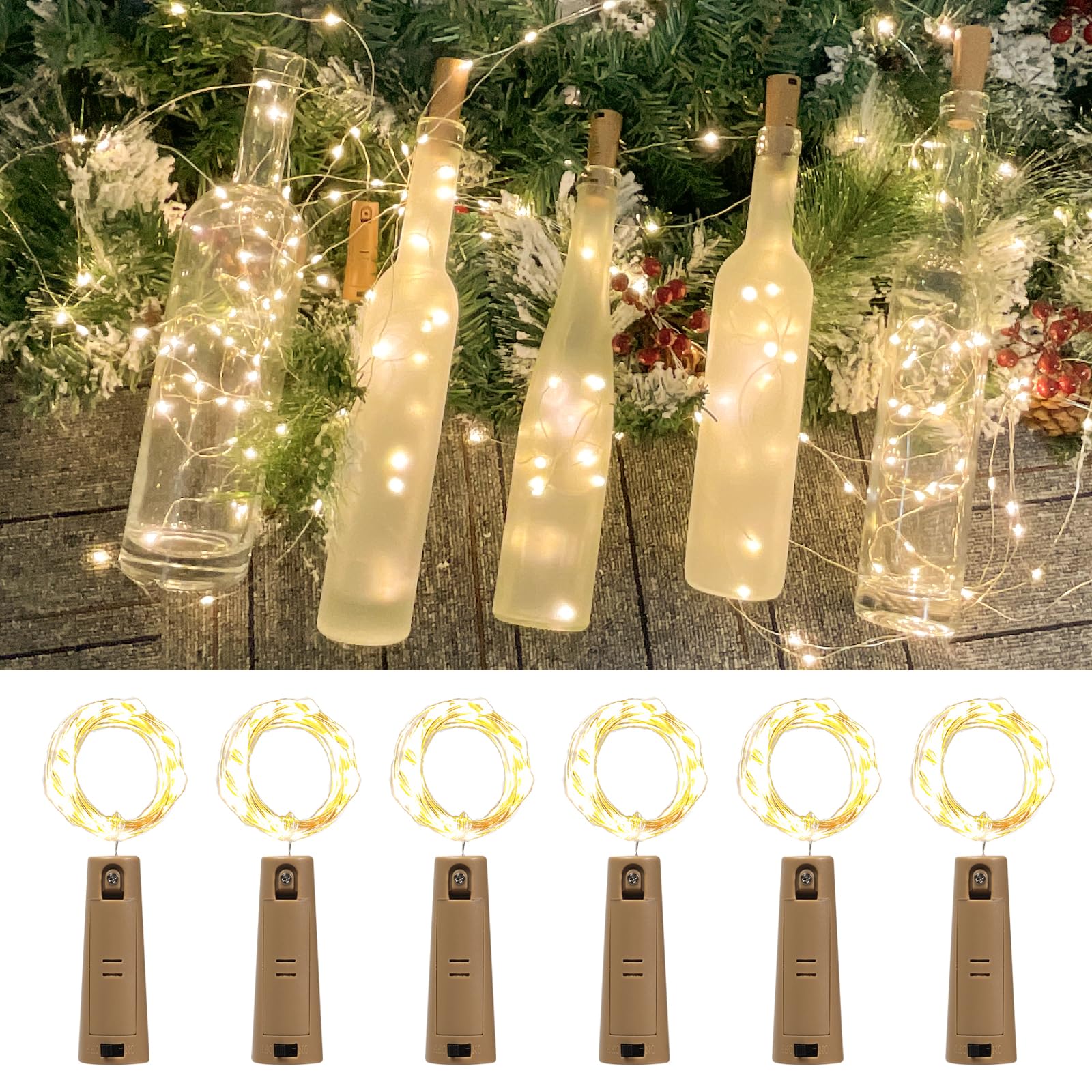 Etinga 6-Pack LED Bottle Lights with Dual Battery Pack, 6.6ft 20 LEDs, Twice The Runtime, Warm White for Indoor & Outdoor Christmas Décor.(6 Pack, Warm White(Dual Battery Pack))