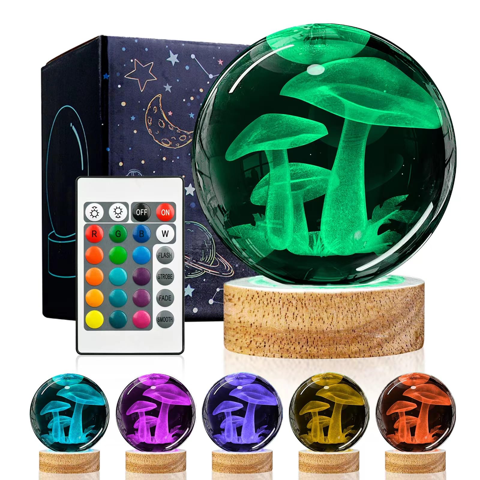 3D Mushroom Crystal Ball Night Light with Remote Upgraded 3.15 In Mushroom Glass Ball Table Lamps with 16 Color Led Wooden Base 