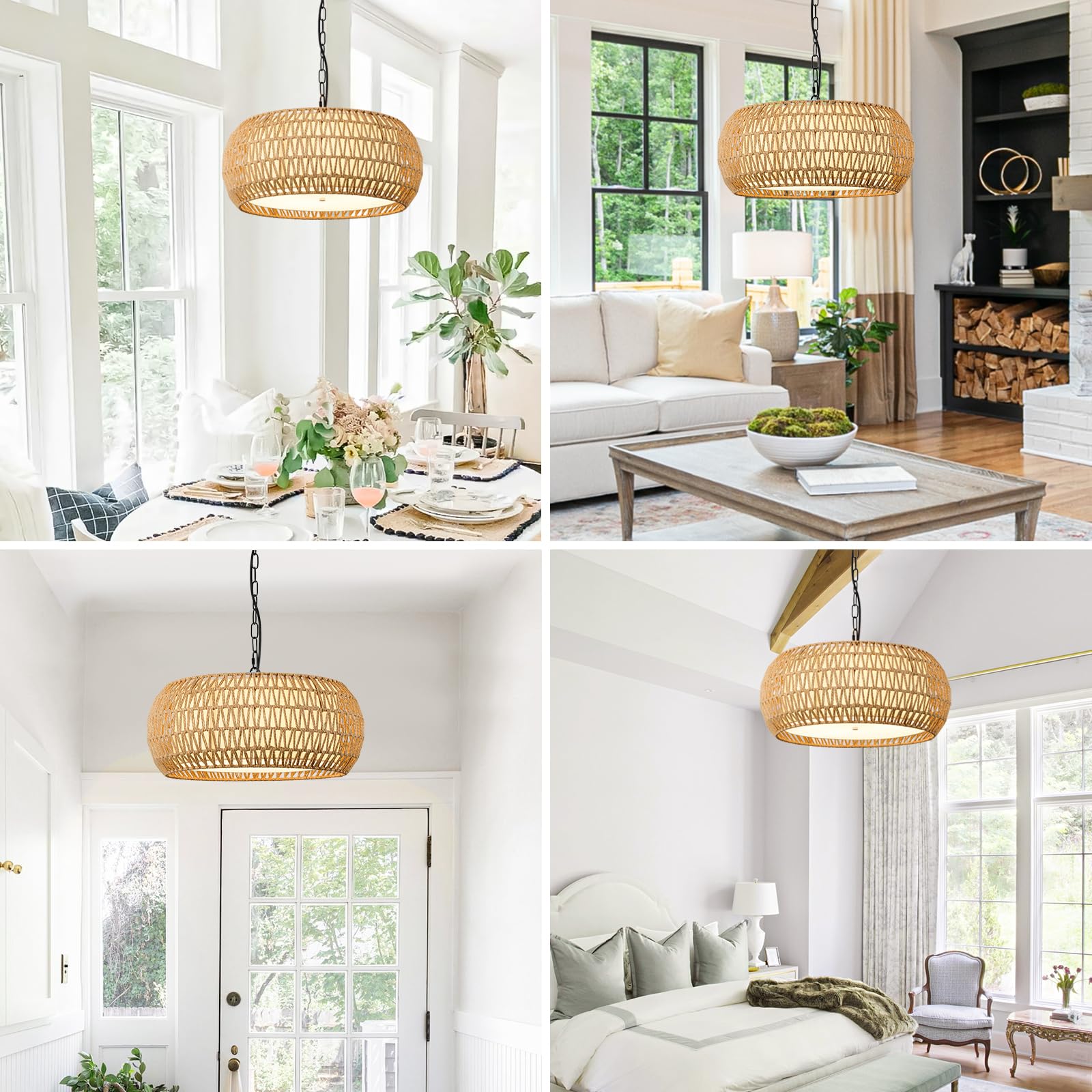 ALAISLYC 19 Inch Boho Chandelier - 5-Light Rattan Hanging Lamp for Dining Room, Large Hemp Rope Fixture, Farmhouse Style