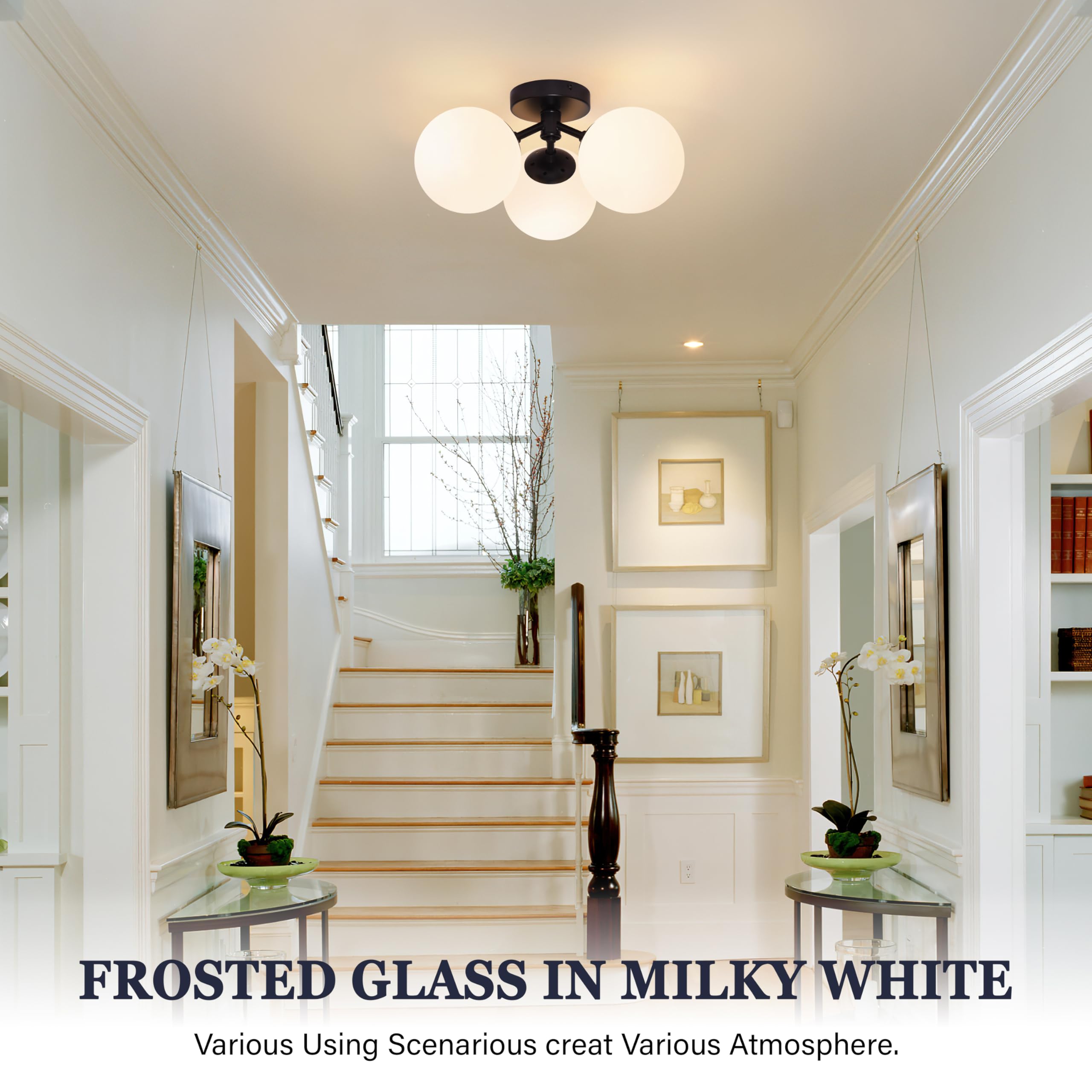 Bagood 3 Light Mid Century Modern Black Semi Flush Mount Ceiling Light Milk Glass Globe Ceiling Lights Black Chandelier 3 Light