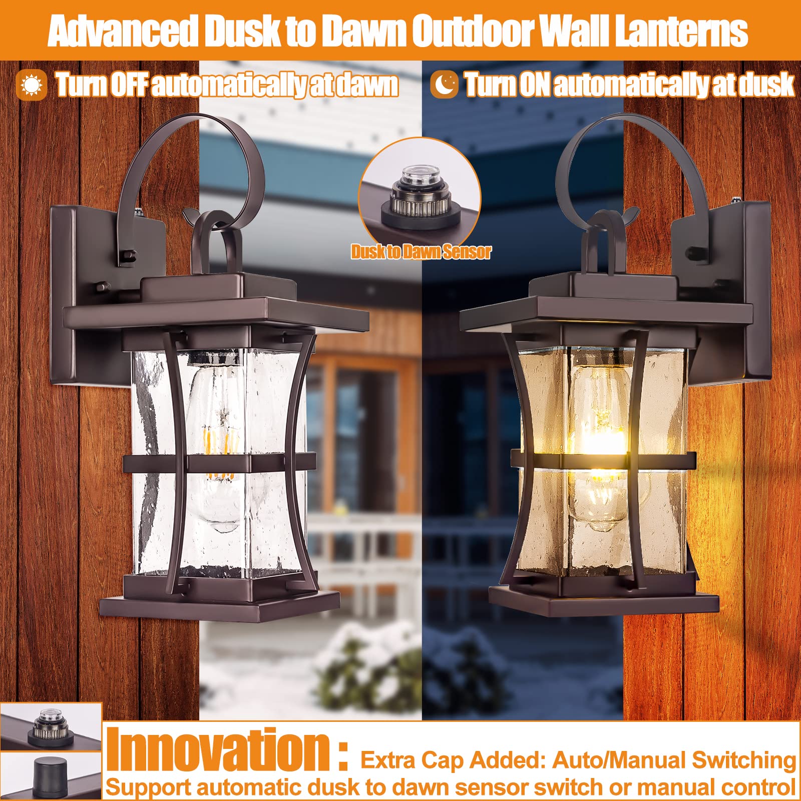 2-Pack Dusk To Dawn Outdoor Lighting - Oil Rubbed Bronze Exterior Porch Light Fixtures Wall Mount, 100% Anti-Rust Brown Outside Wall Sconce, Waterproof Dusk To Dawn Wall Lights For House Garage