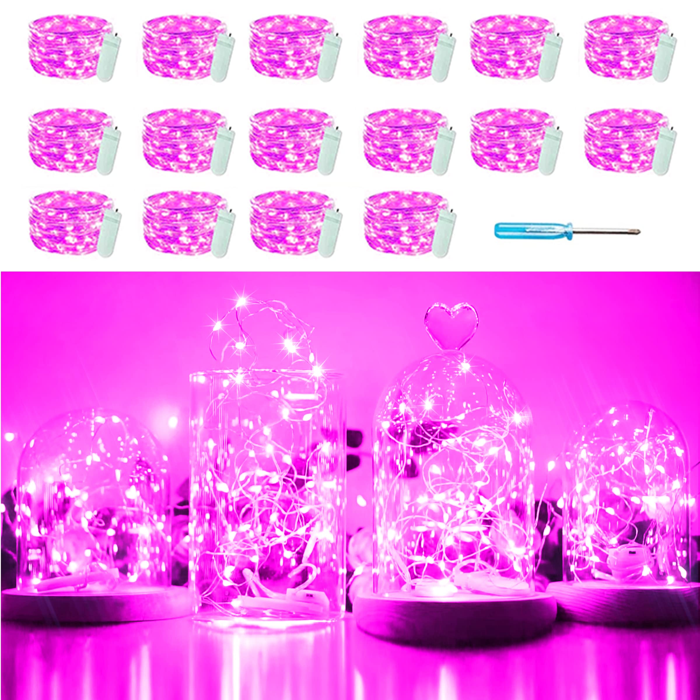 Sunkite 20 Led Fairy String Lights, Waterproof 6.6Ft Silver Copper Wire, Pink For Parties & Decor