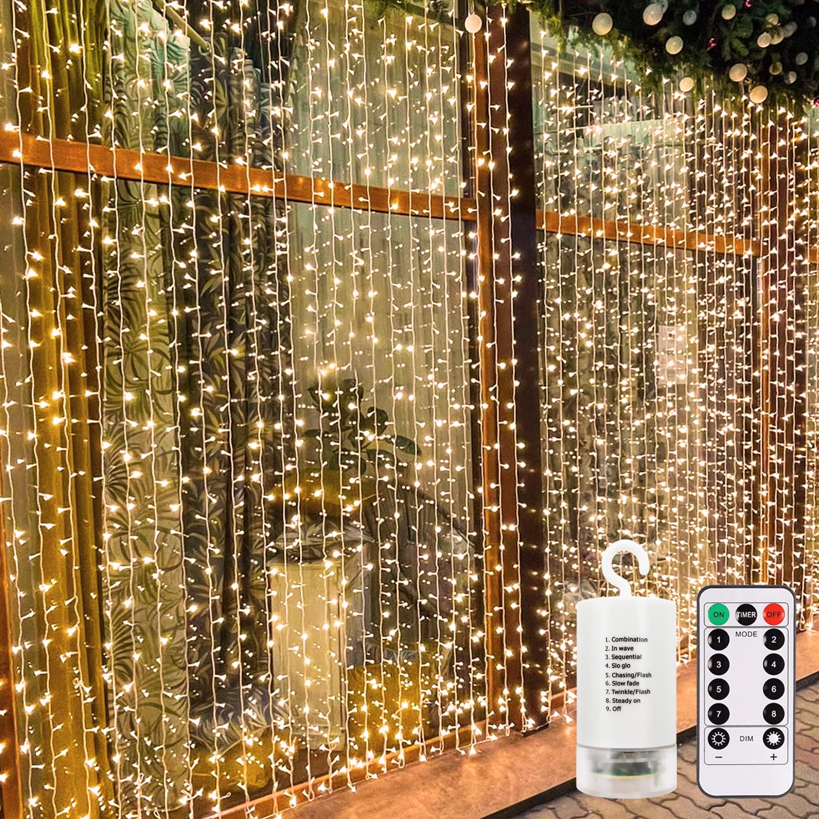 Echosari 300 Led Curtain Lights, 9.8Ft×9.8Ft, Battery Operated, Warm White, Remote Timer For Bedroom, Patio, Wedding Decor