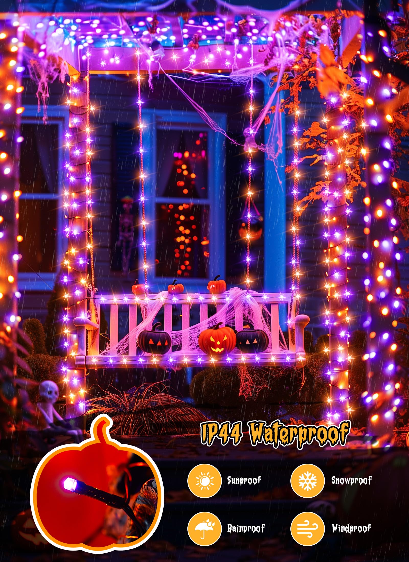 Brightown Halloween String Lights, 100 LED, 33FT, Battery Operated, Waterproof, 8 Modes, Orange & Purple, 2 Pack