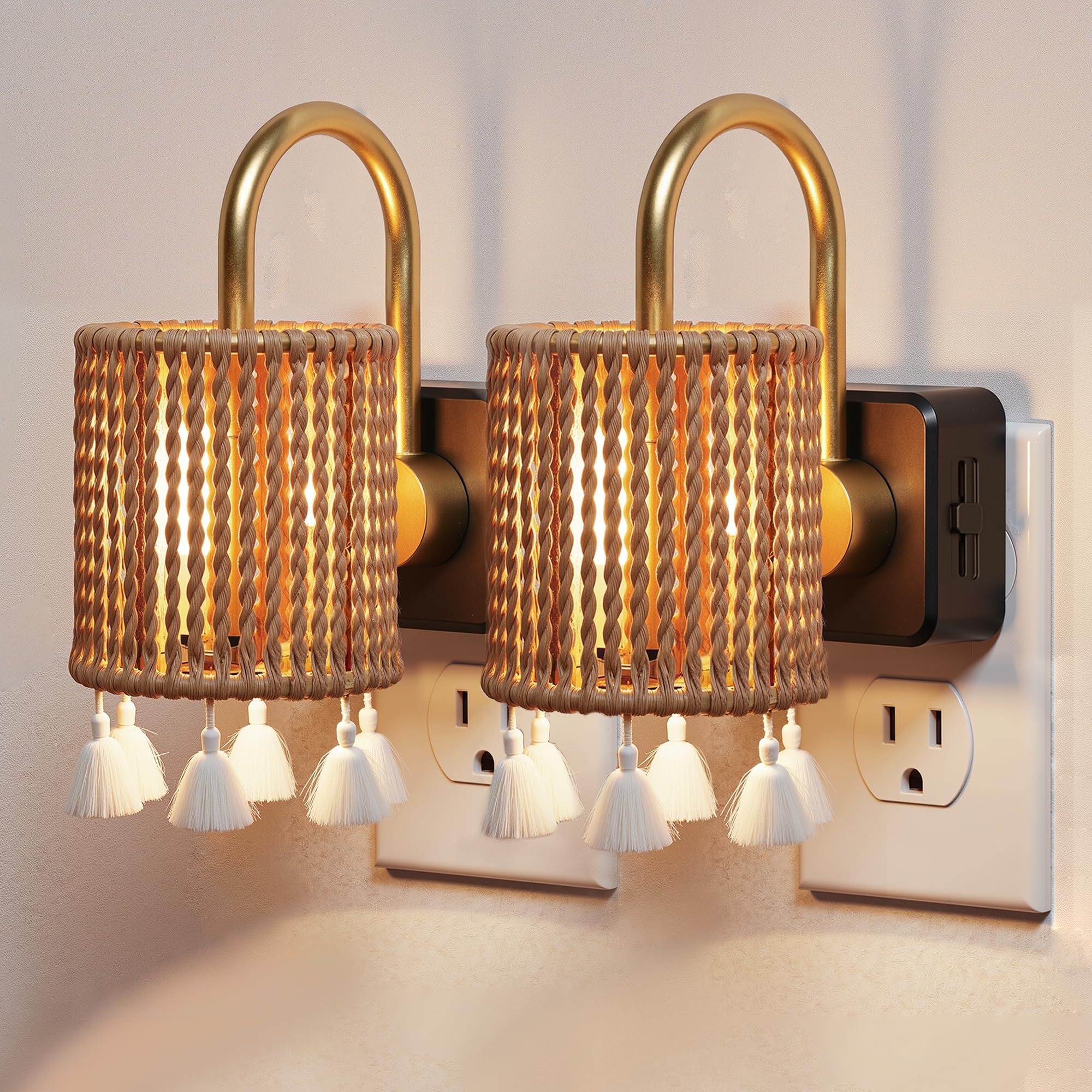 L LOHAS LED Night Lights Plug into Wall, 2 Pack Boho Fabric Cylinder Night Light with Tassel, Dusk to Dawn Sensor, 0-100LM Dimma