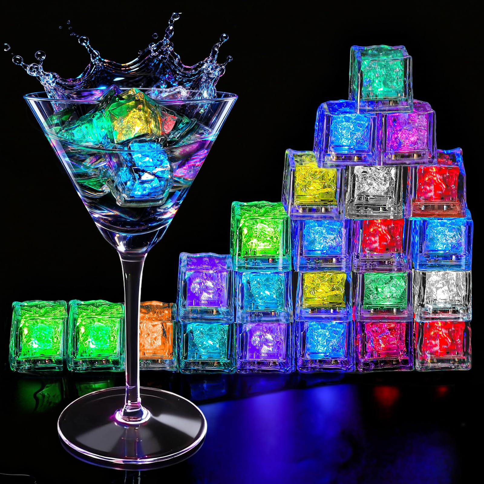 Light Up Ice Cubes  32 Pack Multi Color Led Ice Cubes for Drinks IP67 Waterproof Reusable Glowing Flashing Changing Lights Water Activated Drink Lights for Blends Christmas Party Bar Wedding