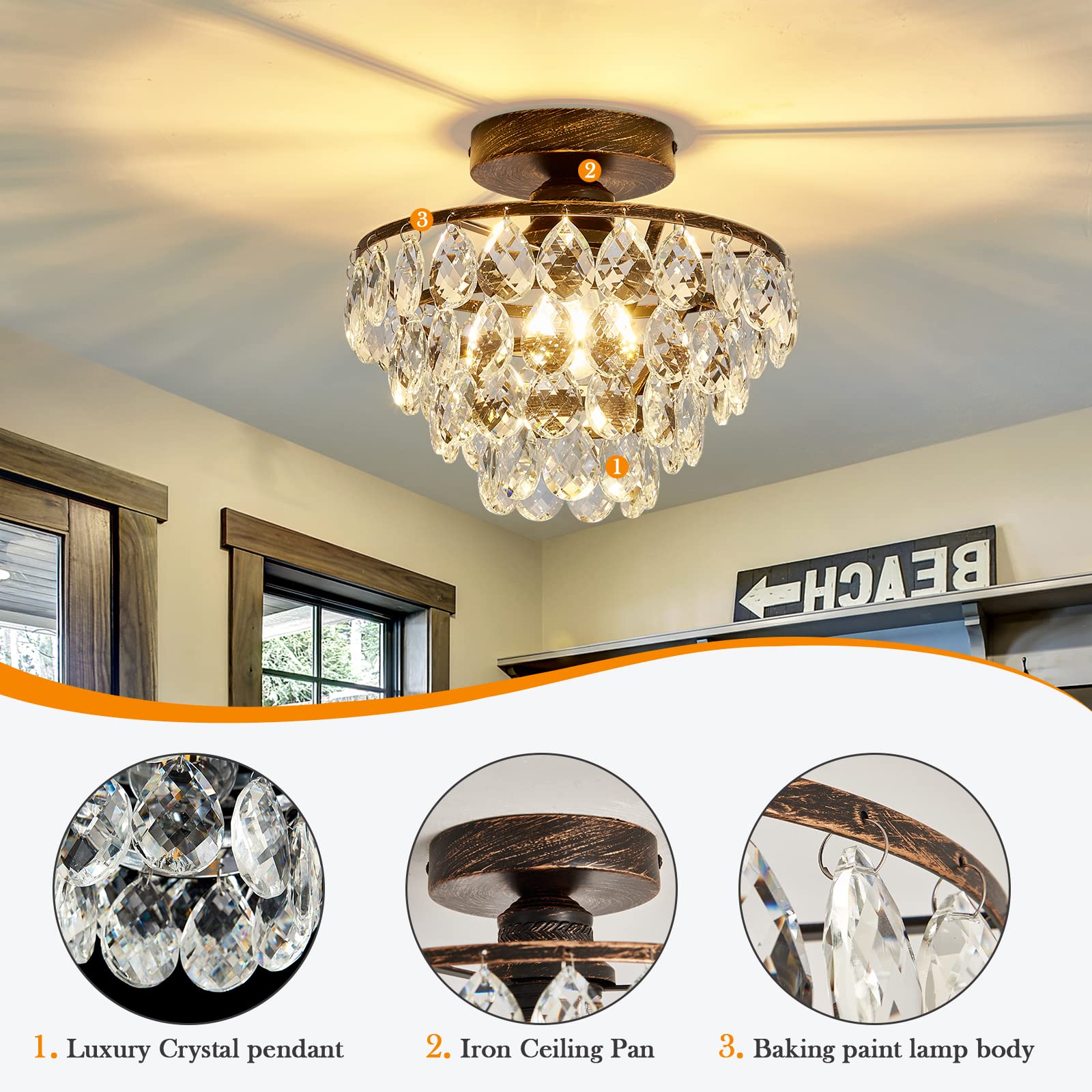 Yyjlx Crystal Chandelier,Modern Semi Flush Mount Small Ceiling Light Oil Rubbed Bronze,Mini E26 Ceiling Lamp For Hallway Bedroom